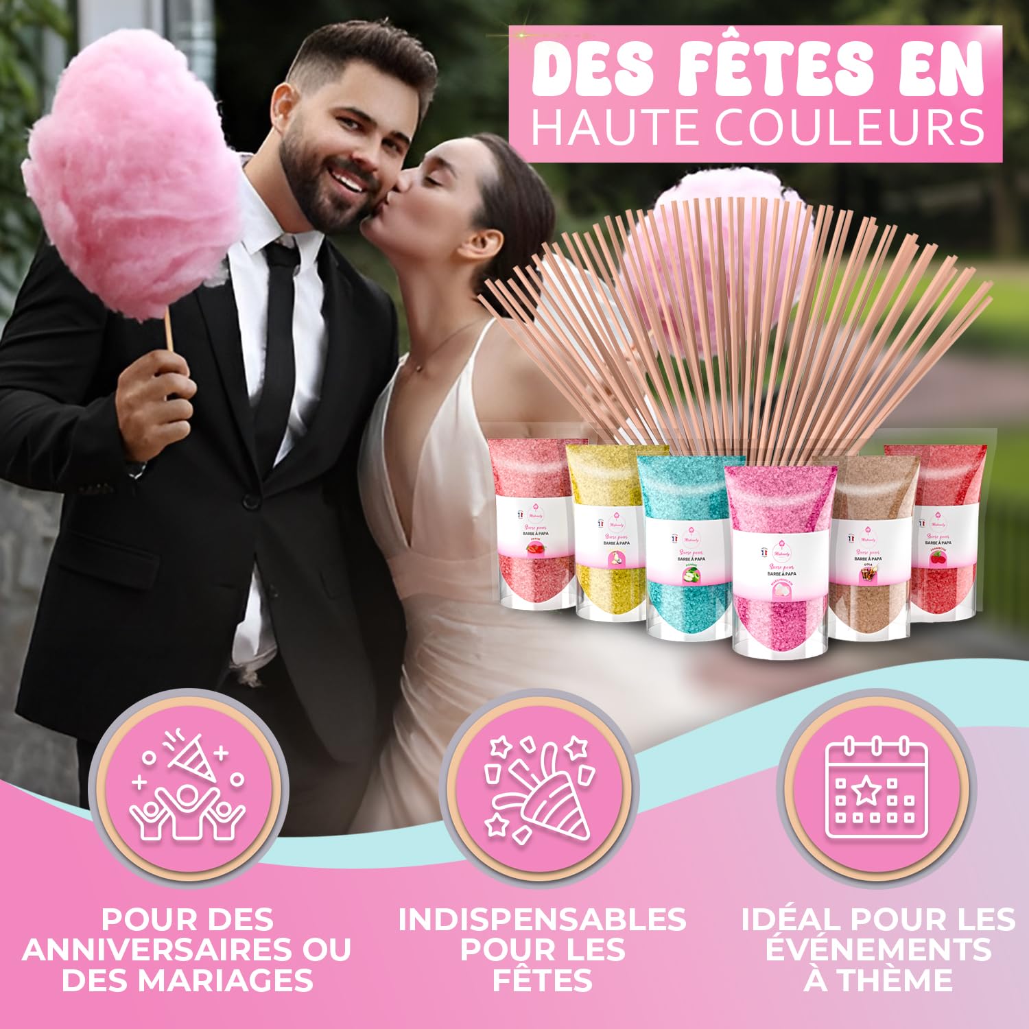 Misskandy®-Sucre Barbe à Papa pour machine lot de 6X160Gr (Arômes Naturels) Fraise- Pina colada- Cola-Pomme-Marshmallow-Framboise/poudre barbapapa+ 20 Bâtonnets Réutilisables (Offerts)