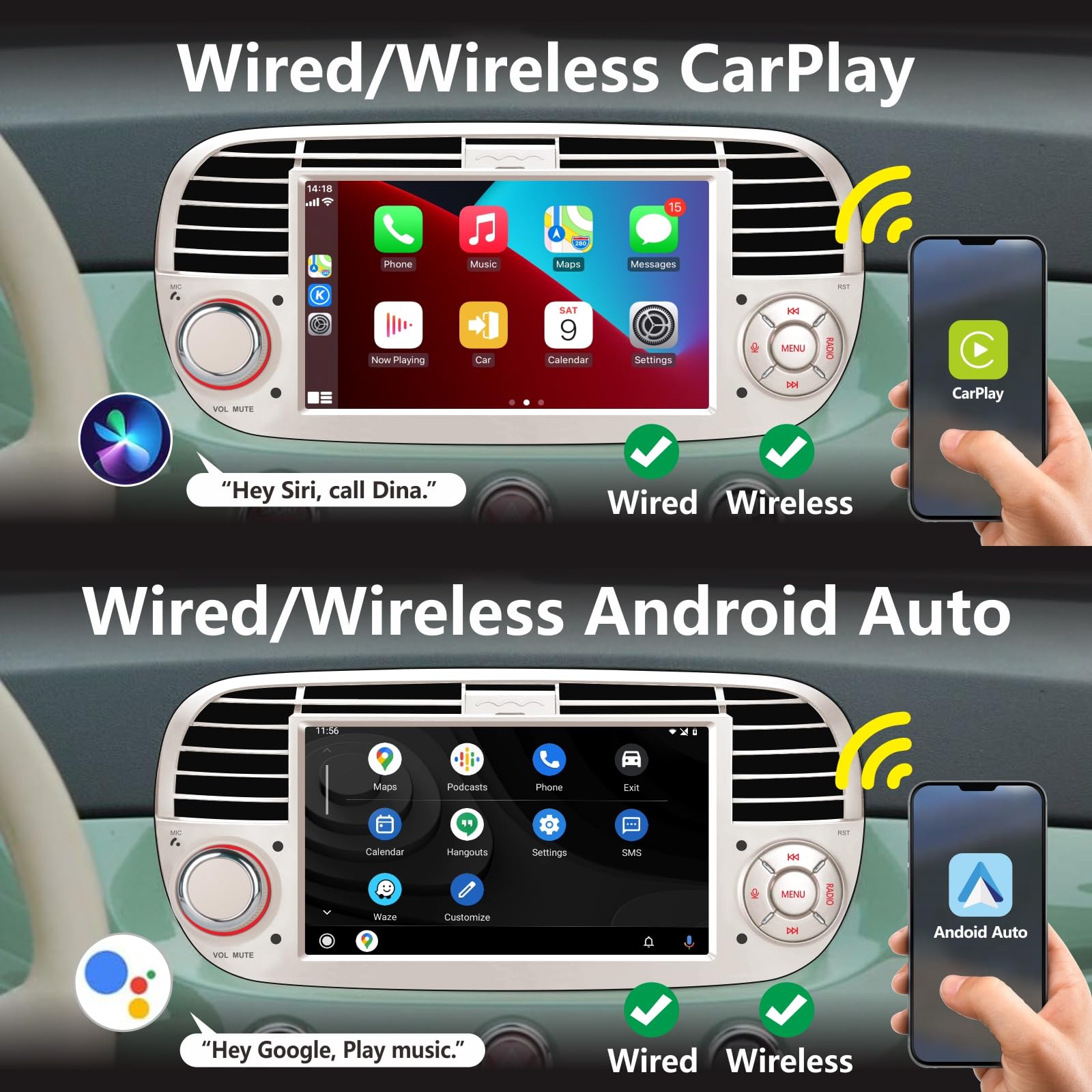 Autoradio pour Fiat 500 2007-2015, sans Fil Tactile CarPlay Android Auto Radio Système Linux avec écran GPS Navi 7 Pouces/FM/AM/USB/Mirror Link/HD Touch Display (Bianco)