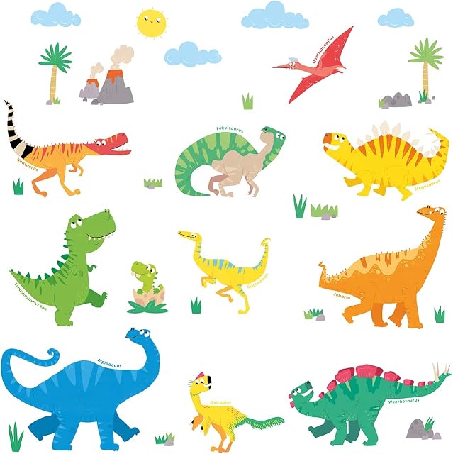 DECOWALL DWL-1805N Colourful Dinosaur Kids Wall Stickers Decals Peel and Stick Removable for Nursery Bedroom Living Room Art murals Decorations