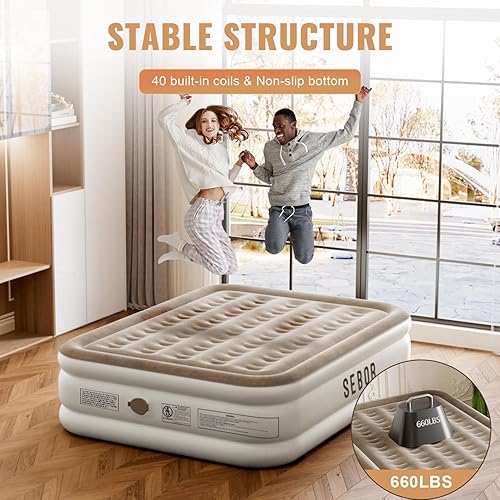 Miniatura 5 de Sebor Colchón de aire Queen con bomba integrada, colchón inflable de 18 pulgadas con bomba recargable, colchón inflable para el hogar, invitados,