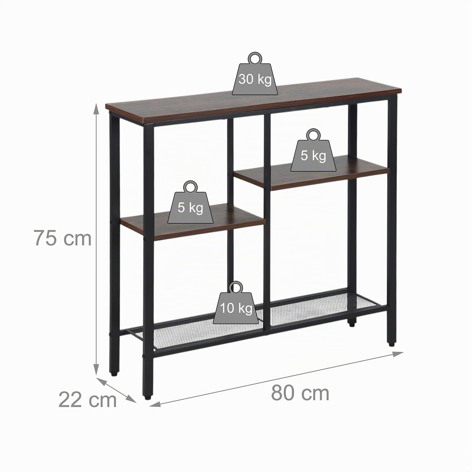 Relaxdays Console, Industriale, HxLxP: 75 x 80 x 22 cm, Metallo, MDF, per Ingresso, 4 Ripiani