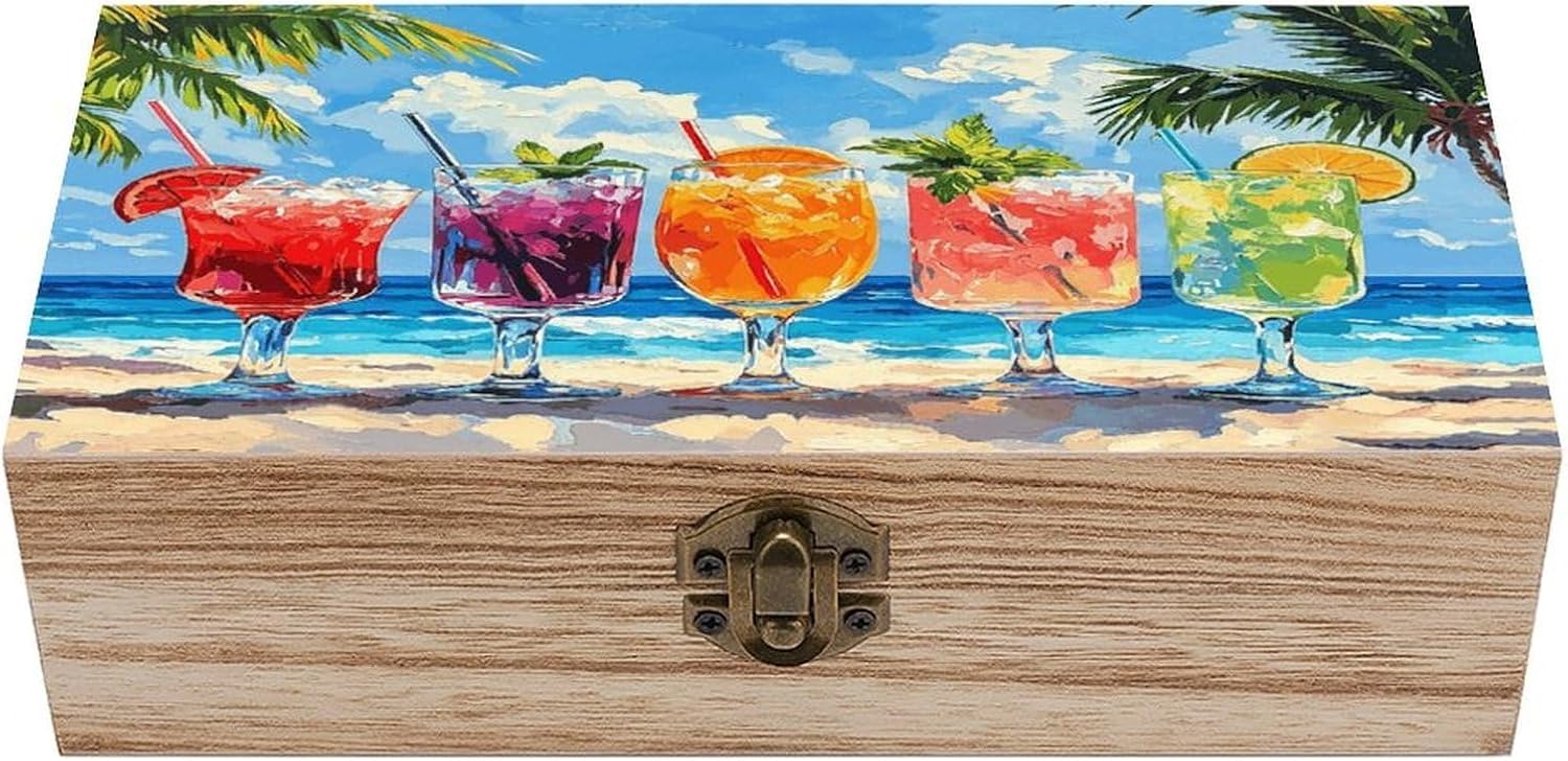 Beach Cocktail Vintage Wooden Storage Box with Hinged Lid Natural Wood Keepsake Box for Jewelry, Crafts & Gifts Rustic Memory Box Organizer for Home Decor, Rings, Trinkets