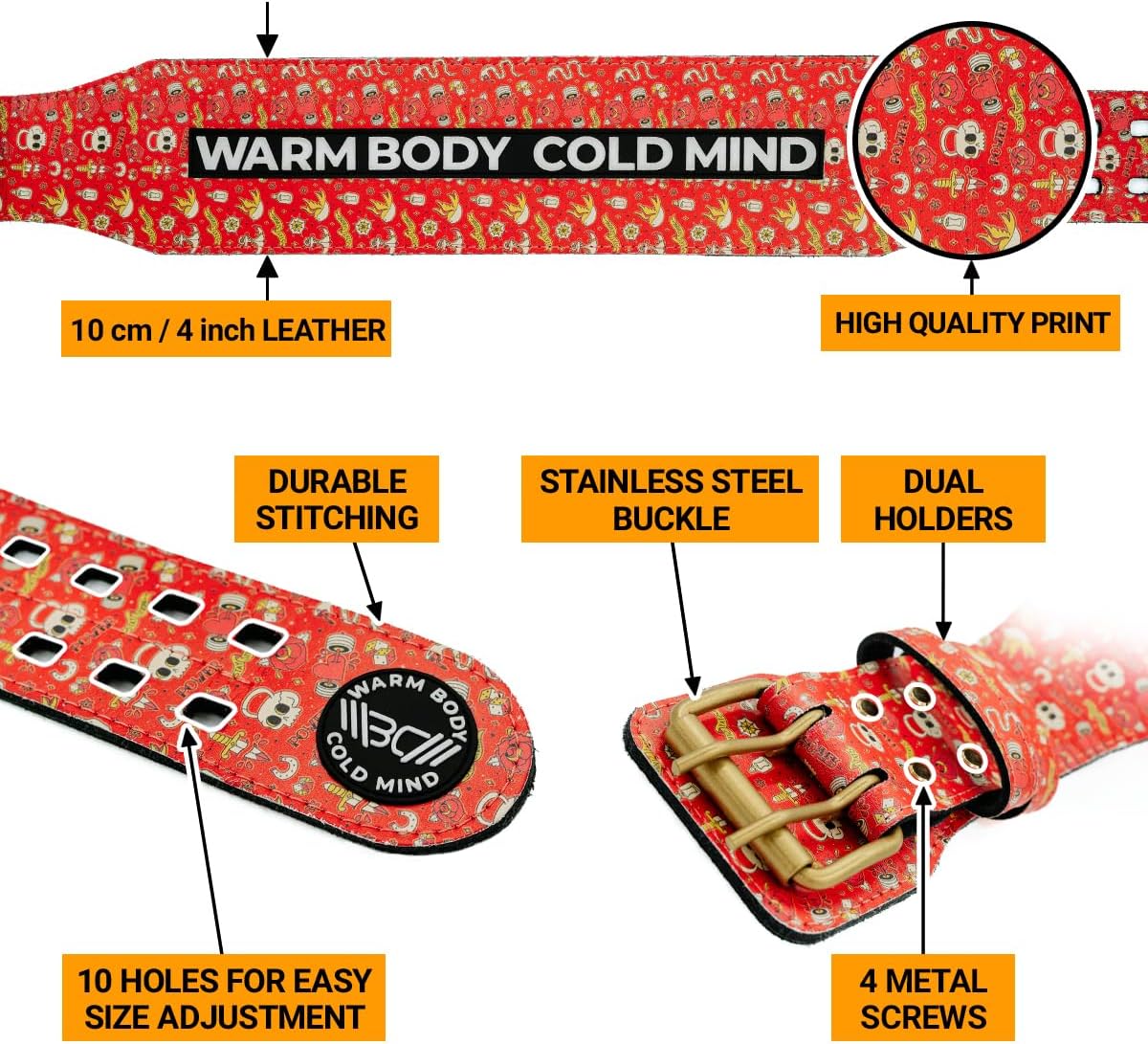 WARM BODY COLD MIND Leather Weight Lifting Belt 4" Adjustable Belt with Buckle for Workout, Squats, Gym, Powerlifting, Olympic Weightlifting, Strength Training. Waist/Back Support