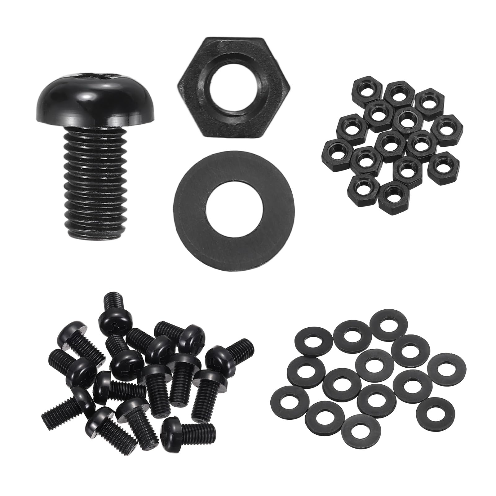 sourcing map 15 Set M8x15mm Nylon PA66 Plastic Cross Round Head Screw Phillips Bolts Hex Nuts Flat Washers Assortment Kit, Metric Full Thread Bolt Fasteners for DIY Machine Assembly, Black — image 1