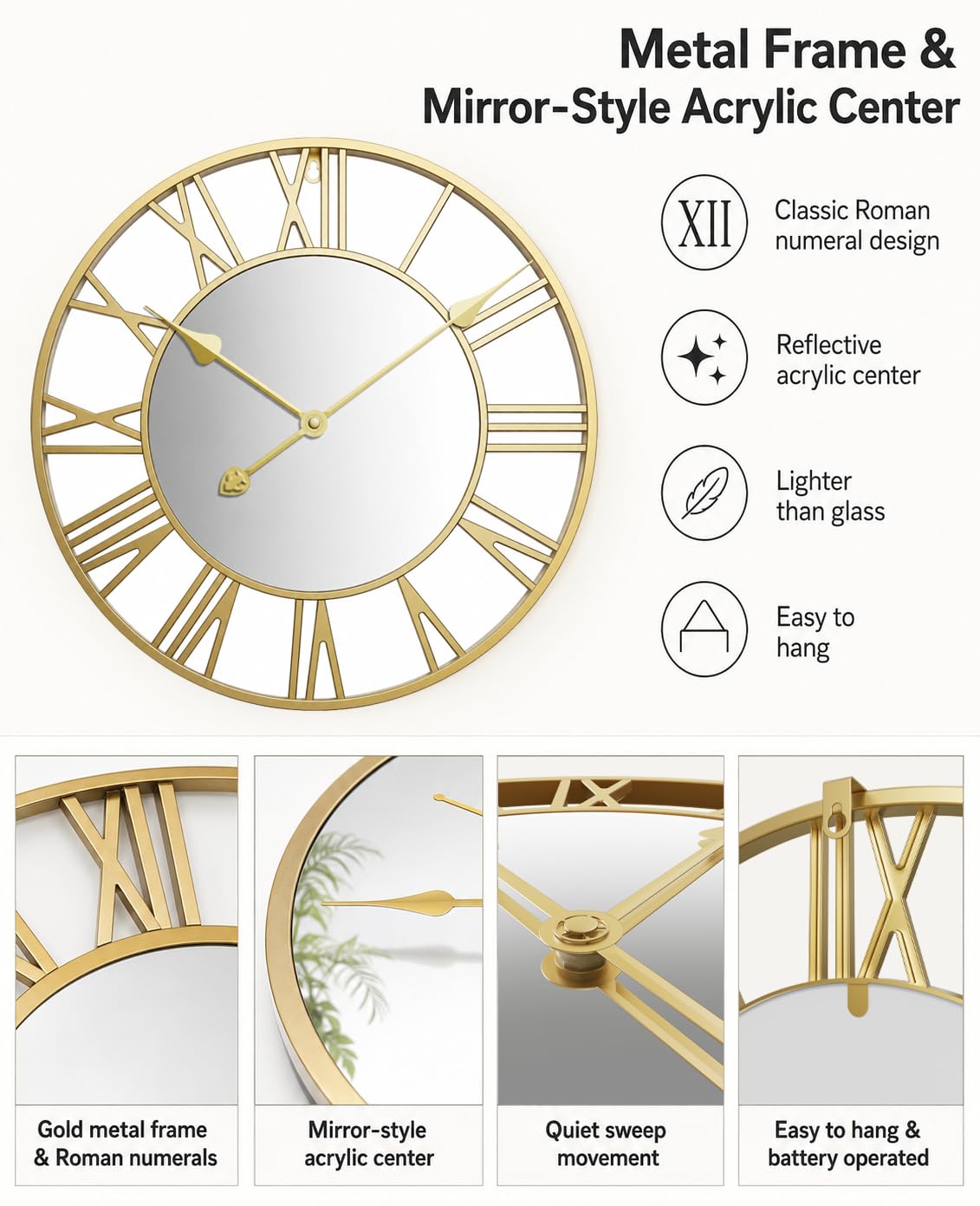 Wanduhr Gold 50 cm lautlos mit römischen Ziffern und Metallrahmen