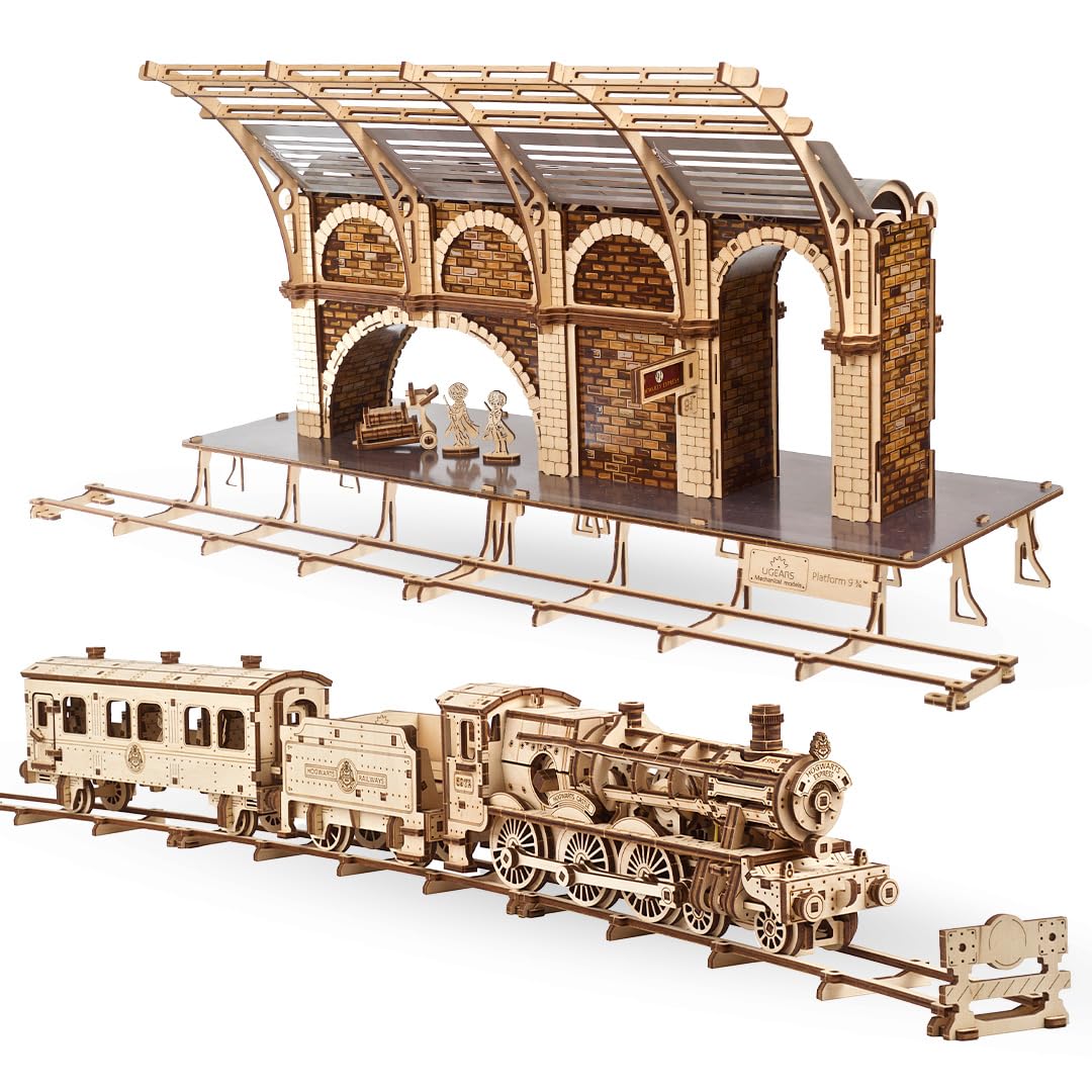 UGEARS Bundle Harry Potter - Hogwarts(tm) Express and Platform 9 3/4(tm) 3D Puzzle - Wooden Model Kits for Adults to Build - Mechanical Wooden Model Kit - Compatible Hogwarts Express Train - 3D Wooden Puzzle