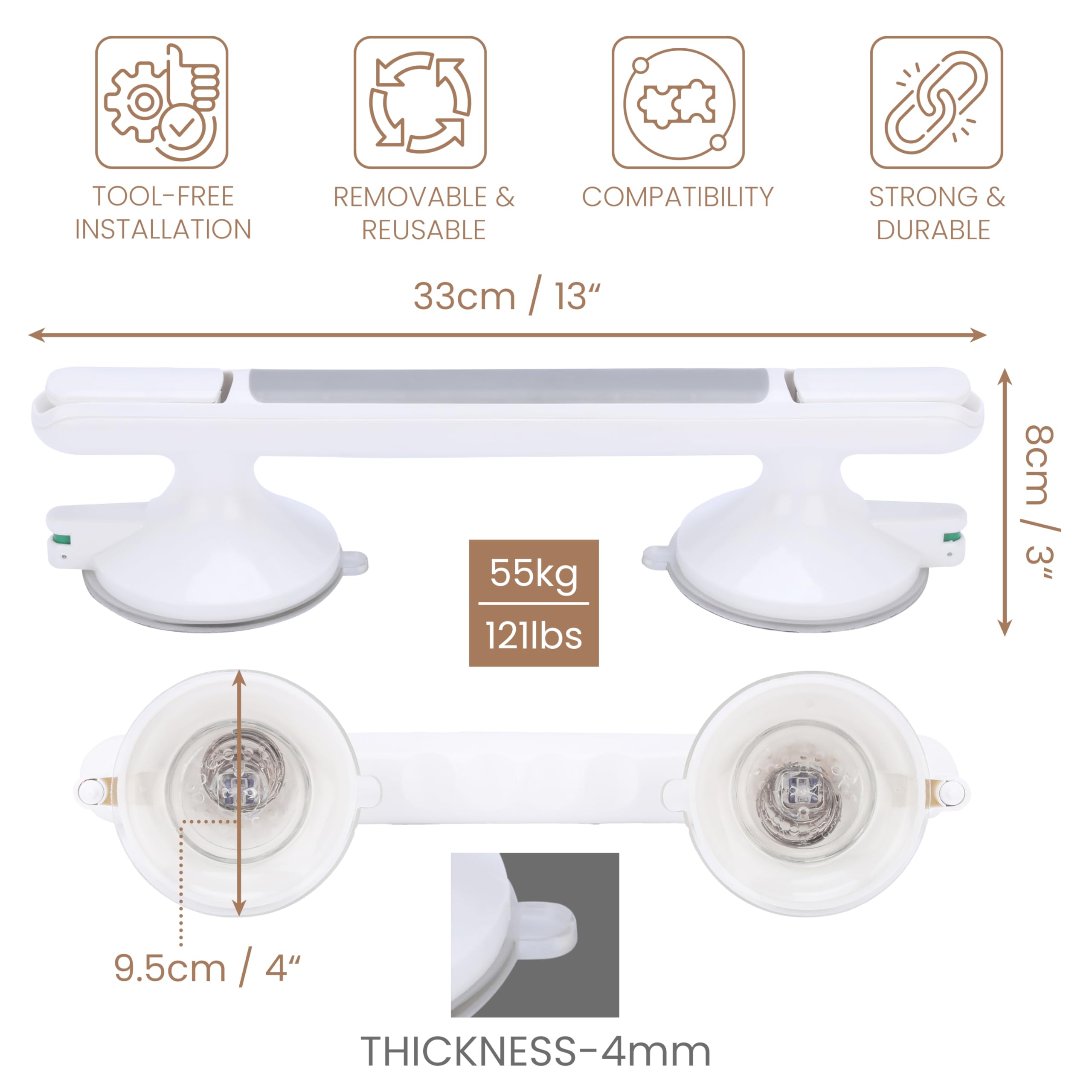 Belle Vous Maniglione da Bagno - Maniglia Doccia a Ventosa - Lunghezza 33 cm - con Ventose per Piastrelle - Supporto per Anziani e Disabili - da Montare Anche nella Vasca