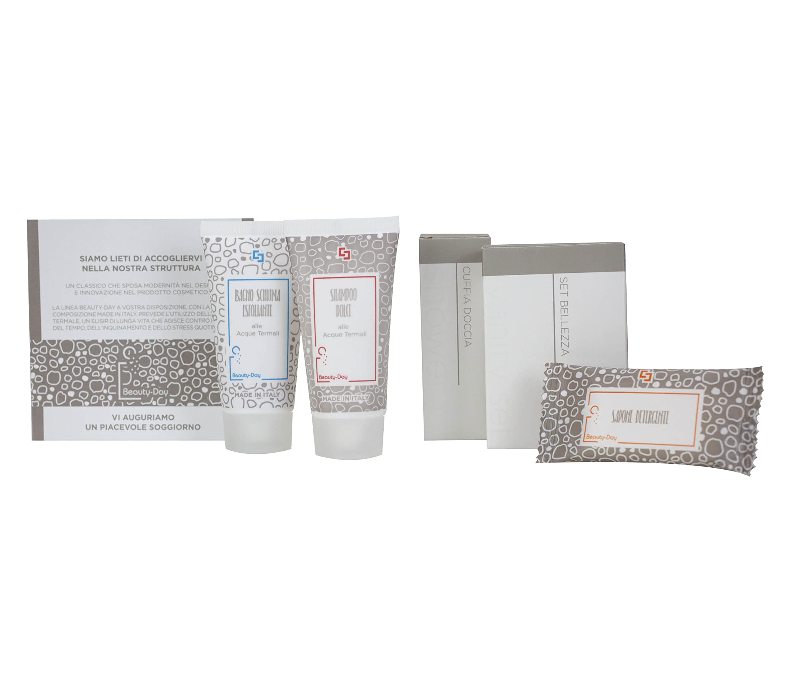 PRESENT-MORE - Set Cortesia 35 Ospiti Beauty-Day Italy | Fragranza Ylang Ylang - Shampoo, Gel Doccia, Sapone, Cuffia e Vanity - Made in Italy - Per Hotel e B&B