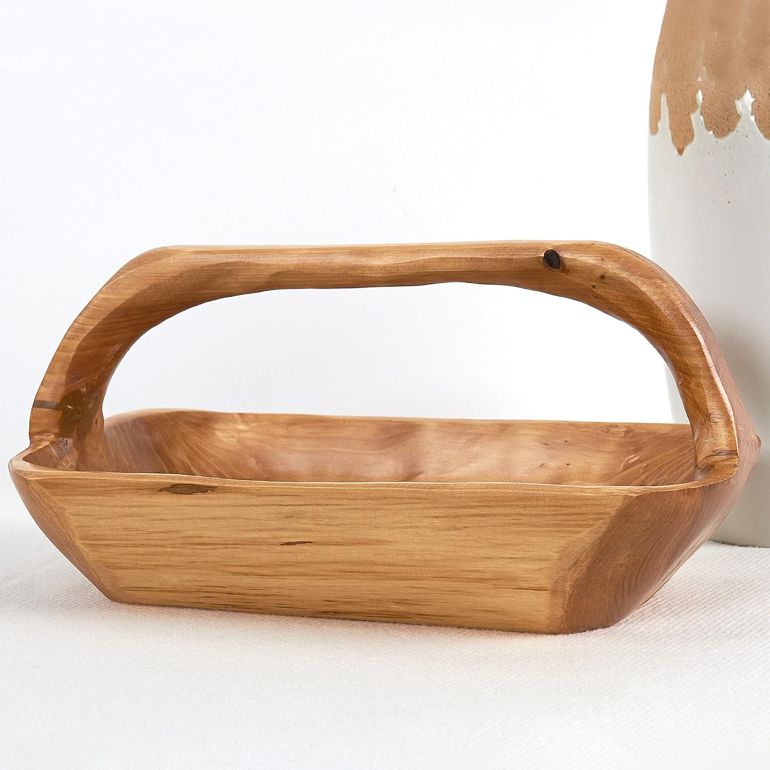Cedar Wood Basket 8.23 "x 16.9" Natural Brown Solid Wooden Accents Storage Basket Side Table Living Room Handmade Decorative Holder Fruits Breads Candy Display Kitchen Home Christmas Decor