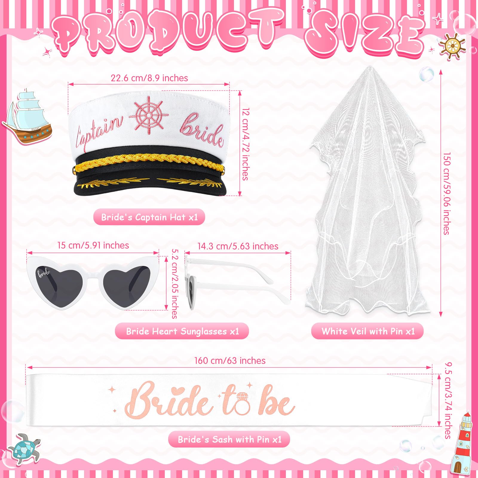 JaGely 4 accesorios de despedida de soltera para novia, sombrero de capitán con velo, gafas de sol para despedida de soltera, boda