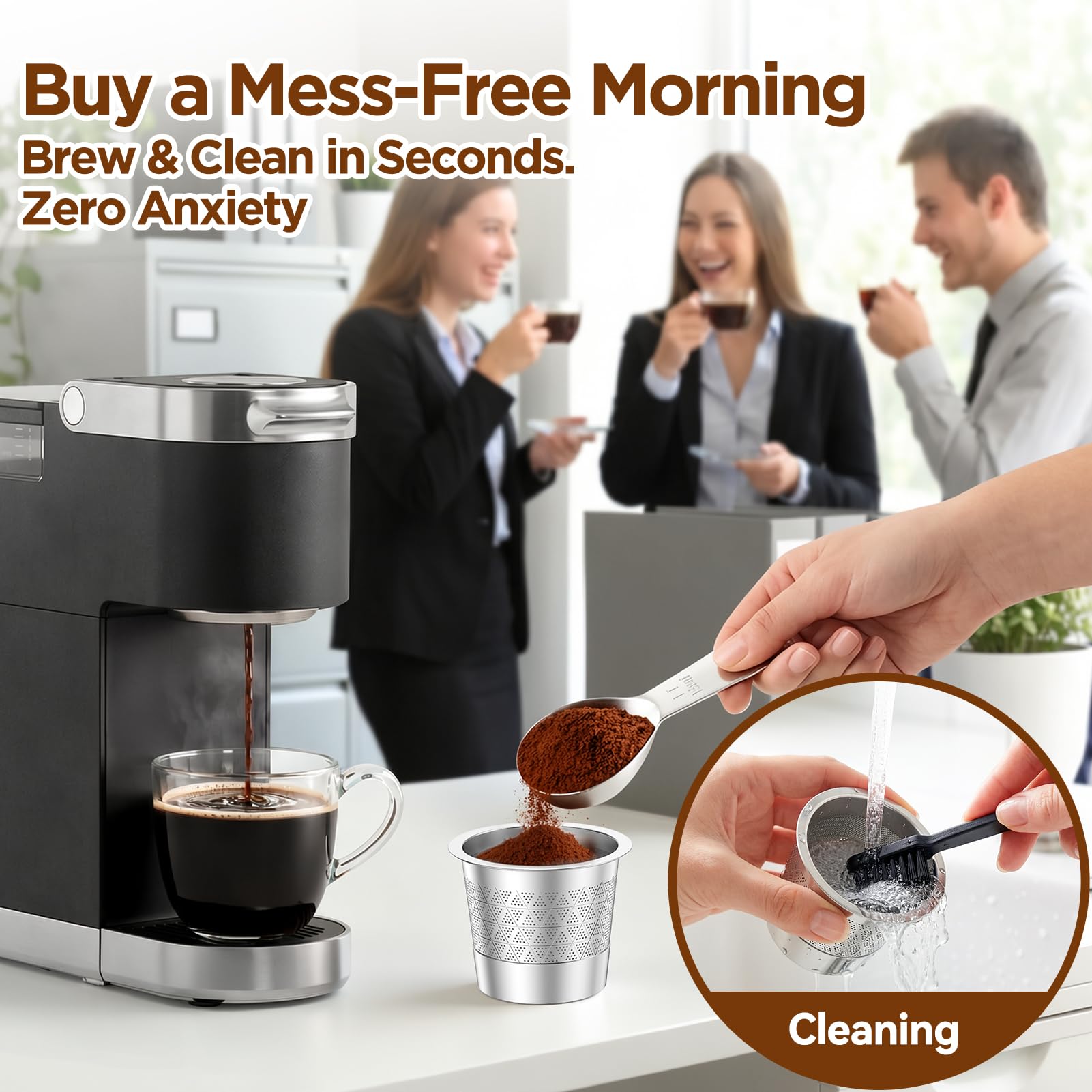 CAPMESSO Reusable K Cups for Keurig: NO Grit Stainless Steel Coffee Pod for Keurig 1.0 Coffee Machine - Dual-Mesh Filter for Richer Coffee Tea,BPA Free, No Plastic,Easy to Clean,Scoop & Brush (2 Pack) — view 7