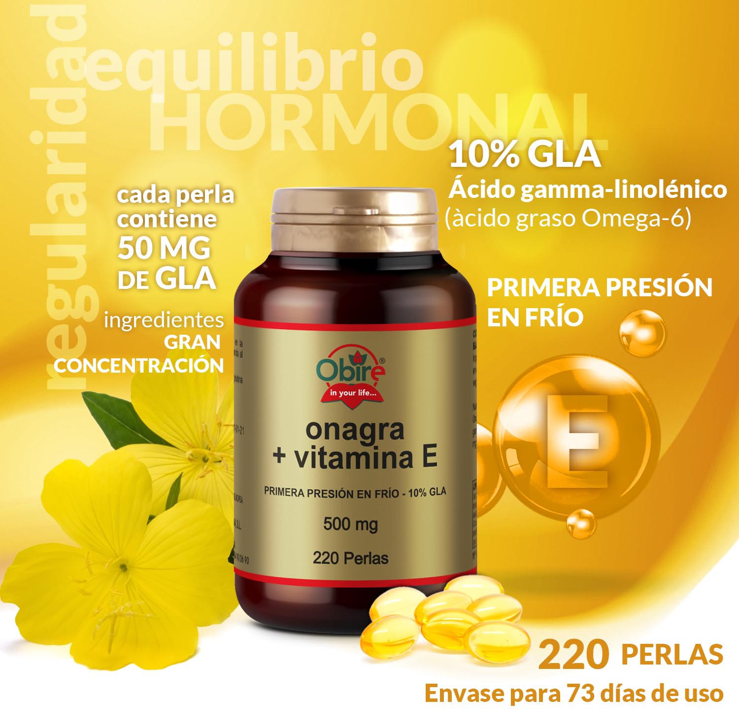 Obire | Perlas de Aceite de Onagra 500 mg | 3 Unidades | 220 Perlas | Contribuye a Aliviar los Síntomas Menstruales | Primera Presión en Frío | 10% GLA | Omega 3-6-9 | Vitamina E