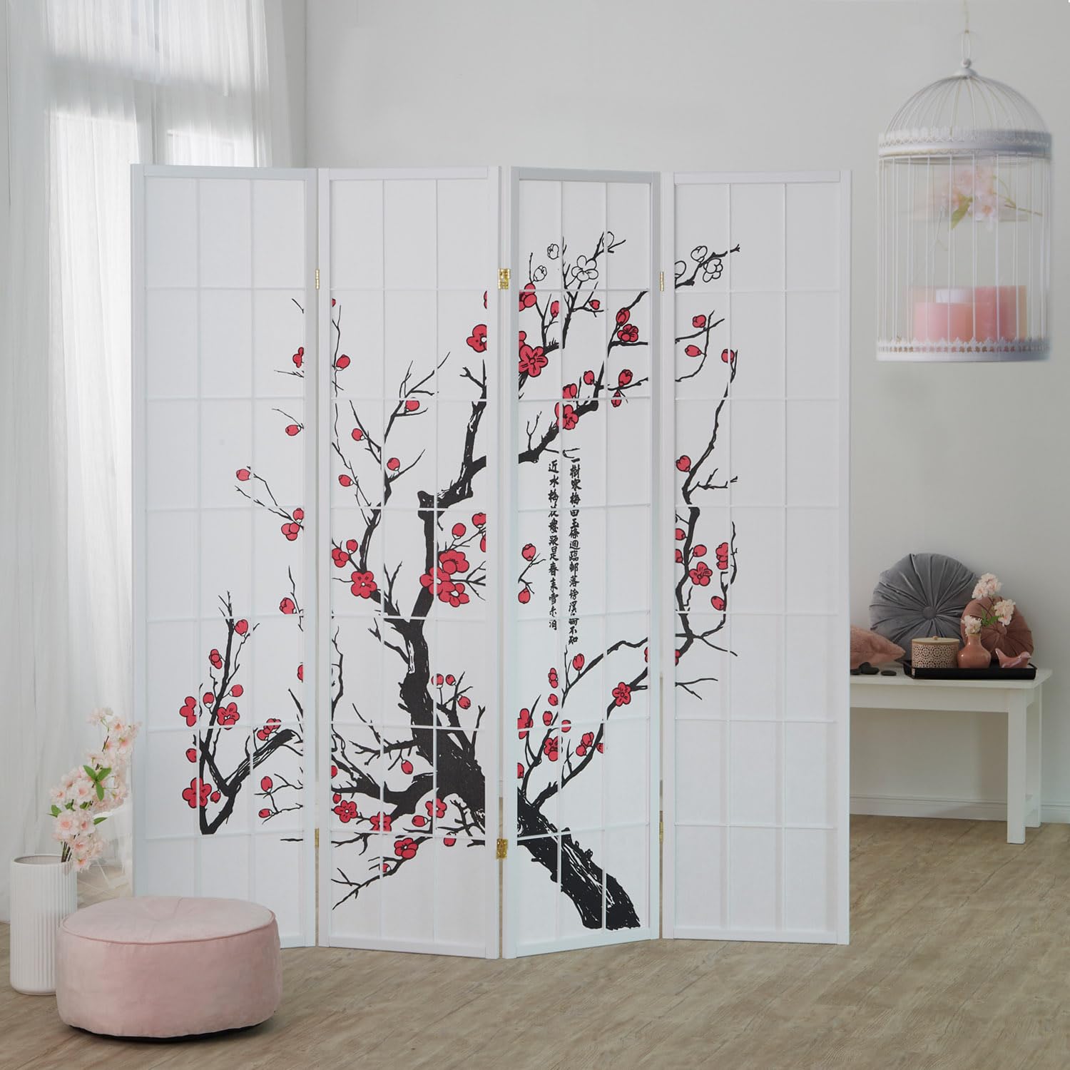 Homestyle4u 4 pan Pliante modèle de cloison - cloison Bois Shoji en Blanc avec des Fleurs de Cerisier - Salle écran