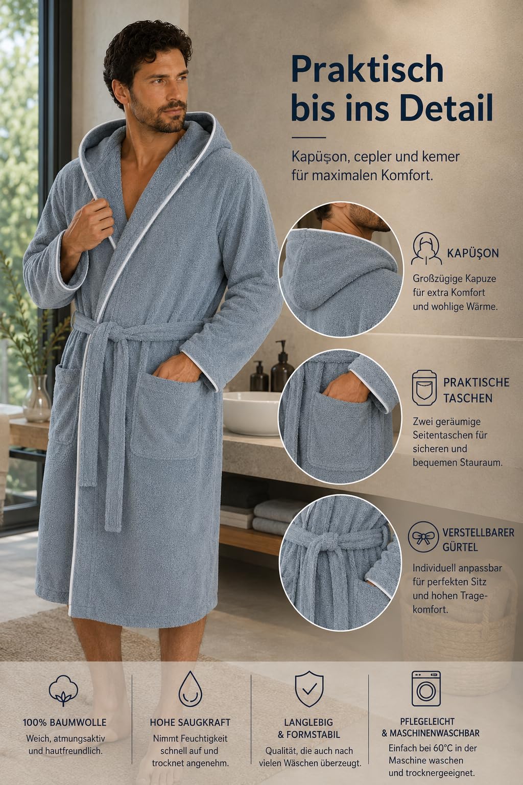 ELY PARKER Accappatoio da uomo in spugna con cappuccio in cotone