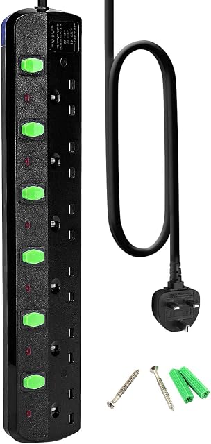 TISDLIP 6 Way Switched Power Strip with1.8M/5.9Feet Electric Lead Black Wall Mountable Extension Cord