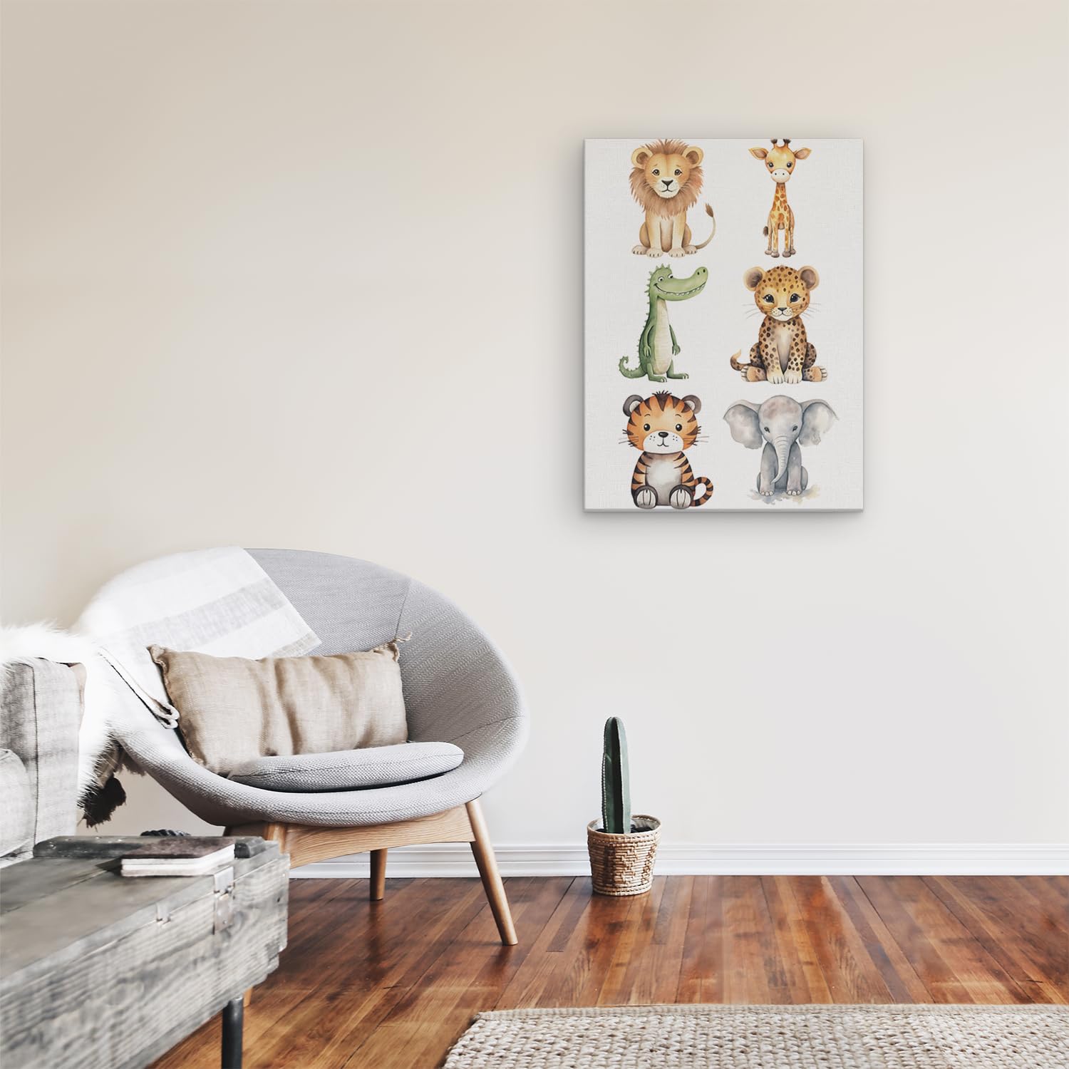 Artaza Tableau Décoration Murale Animaux Safari Bébé - 60x80 cm - Deco Murale Lion Girafe - Impression Sur Toile Tigre Elephant - Peinture Chambre Enfant - Aquarelle