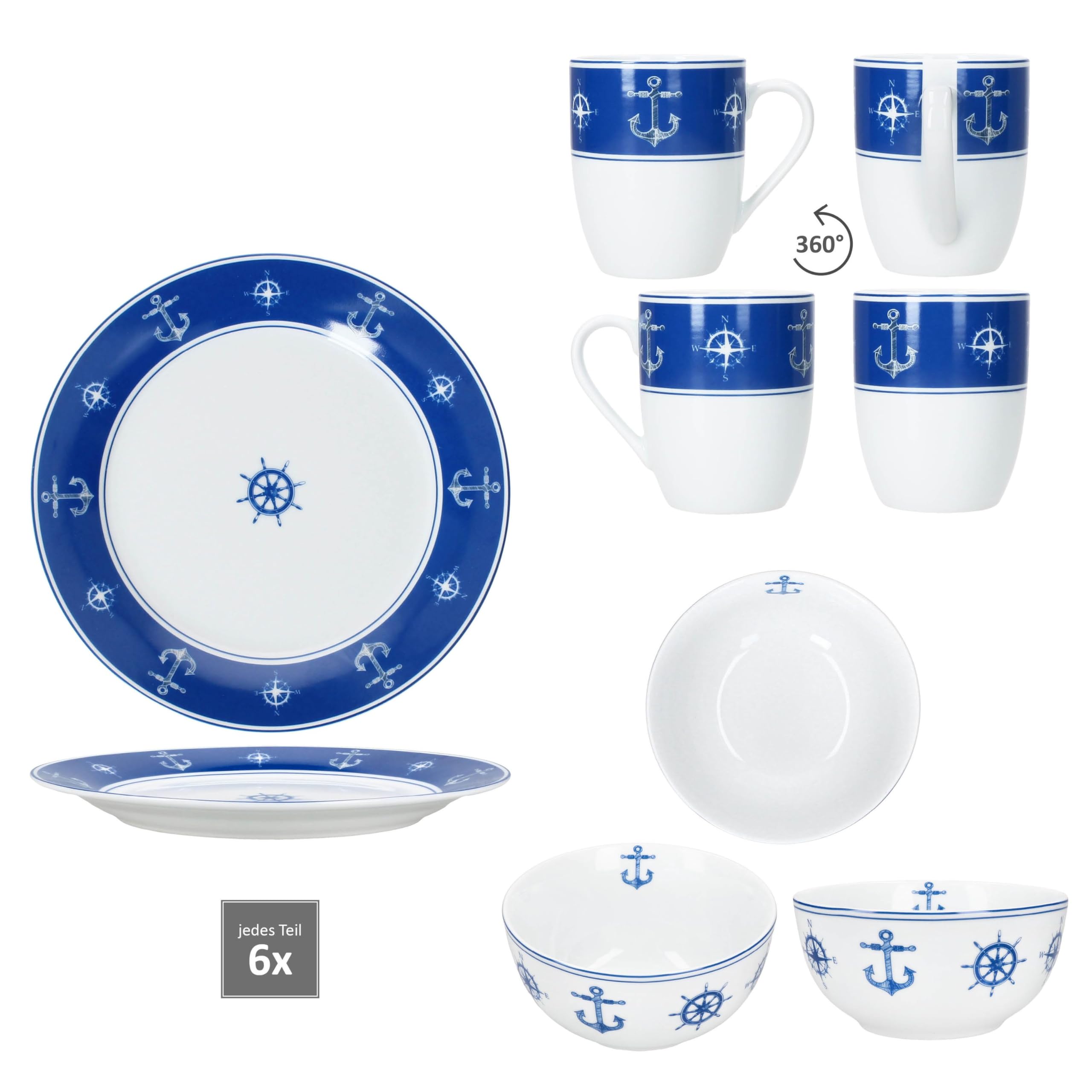 MamboCat AHOI 18tlg Frühstücksset aus Porzellan I blau-weißes maritimes Design mit Anker & Steuerrad I je 6X Kuchenteller, Müslischale & Kaffeebecher für 6 Personen