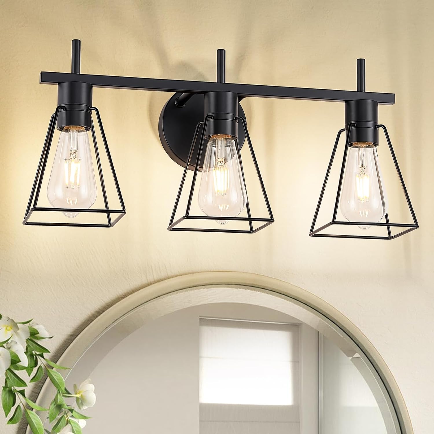 Farmhouse Bathroom Vanity Light Fixtures Over Mirror, Matte Black 3-Light Wall Sconce with Metal Cage, E26 Socket (Bulbs Not Included)