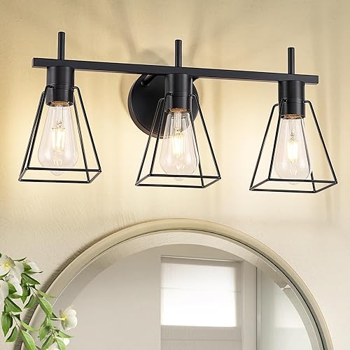 Lámpara de tocador de baño de granja sobre el espejo, aplique de pared de 3 luces negro mate con jaula de metal, enchufe E26 (bombillas no incluidas)