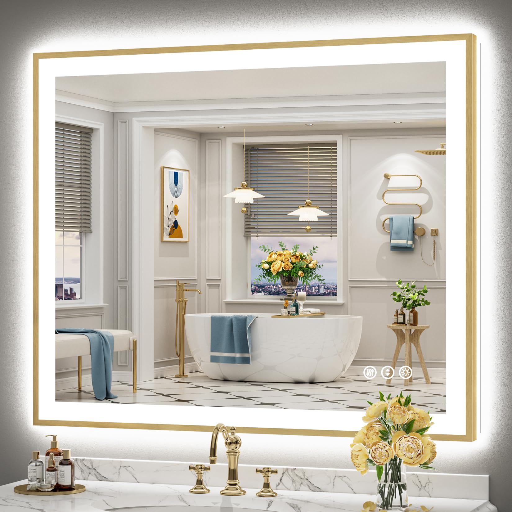 48x40 Gold LED Bathroom Mirror with Lights, Lighted Vanity Mirror