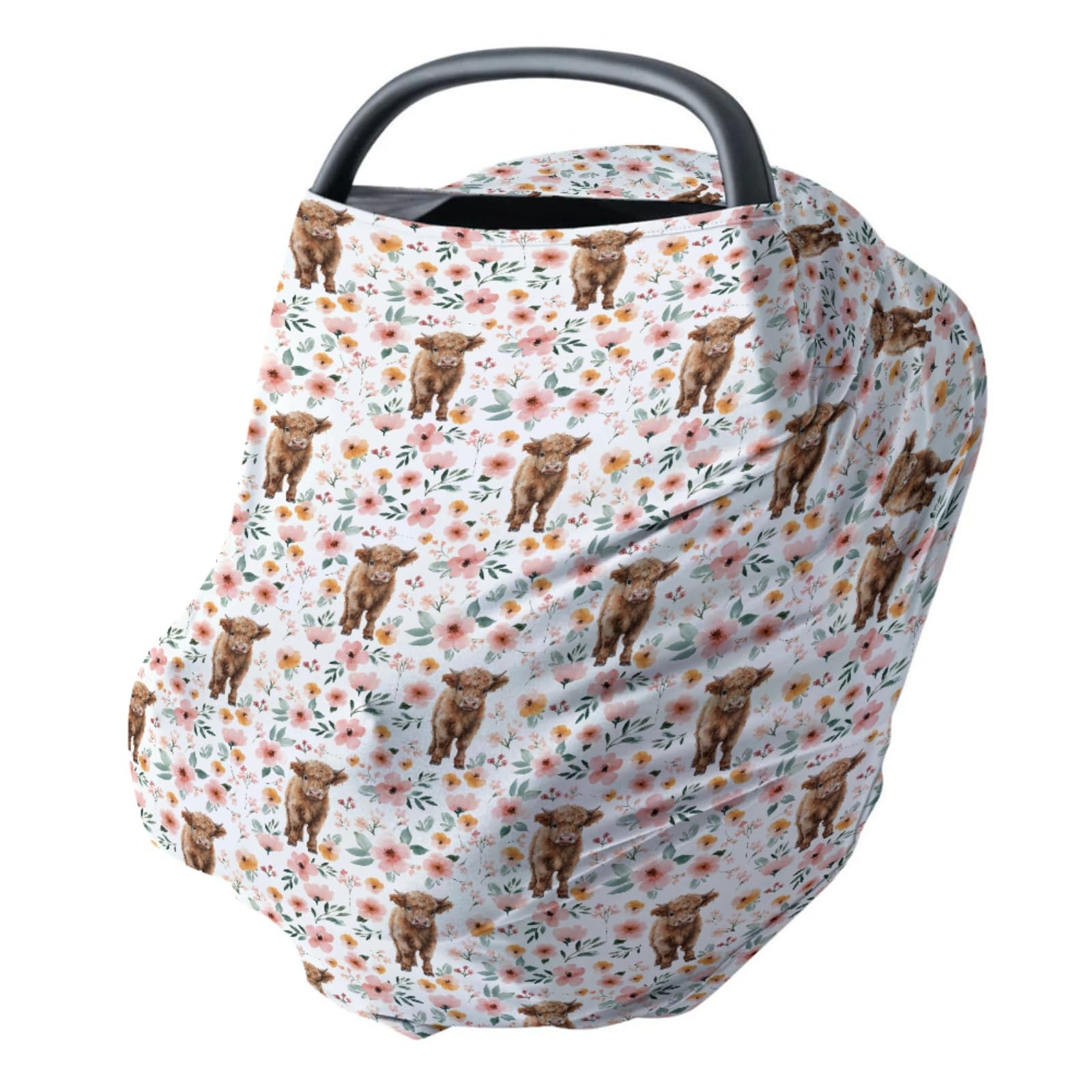 HawSkgFub Highland Cow Floral 5-in-1 Car Seat Cover for Baby Girl Cow Lover Gift, Western Cowgirl Retro Boho Flower Privacy Breastfeeding Nursing