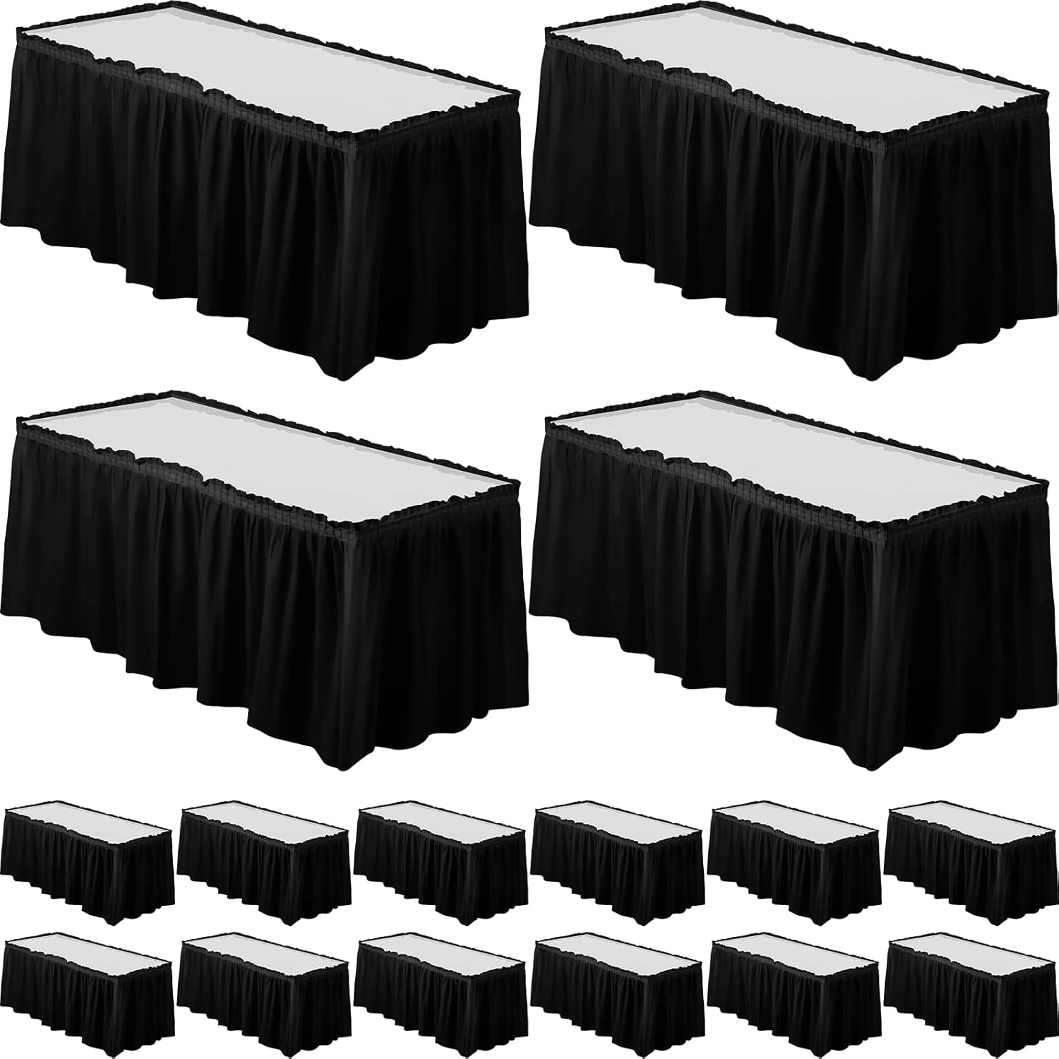 Tegeme 16 Pieces Black Plastic Table Skirts for Rectangle Tables, 14 ft x 29 in Disposable Ruffle Table Skirting with Adhesive Strip, Bulk Party Supplies for Wedding, Birthday, Baby Shower & Banquet