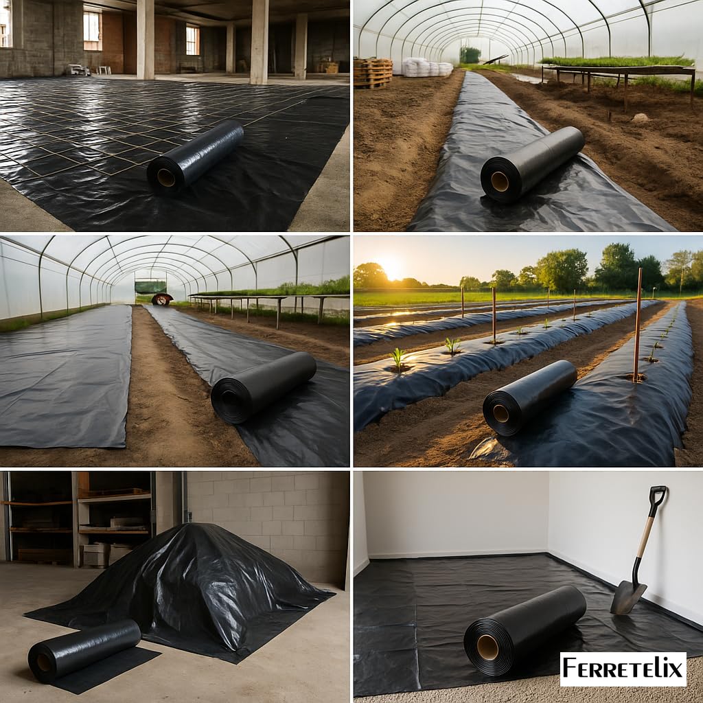 FERRETELIX® Rollo de Plástico Negro Solera para Construcción Agricultura Galga 400-4 mts x 150 mts (600 m²) Plegado a 1,1 mts