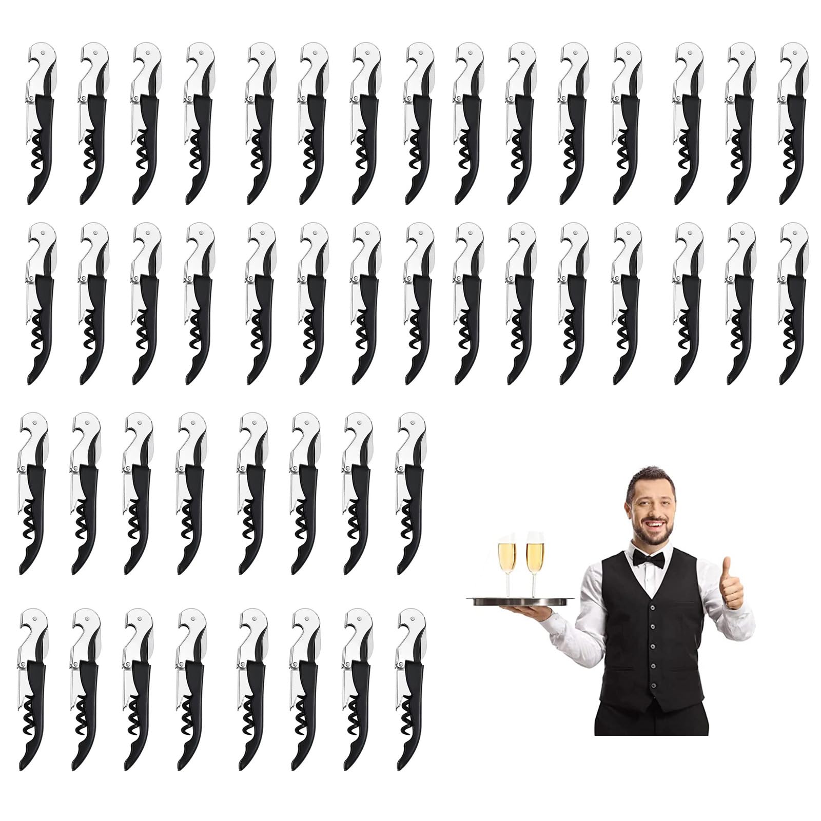 Wein Korkenzieher，3-in-1 Kellnermesser + Flaschenöffner + Kurzmesser Kapseln,Wein- und Bieröffner Edelstahl für Sommelier Barkeeper (24, Schwarz)