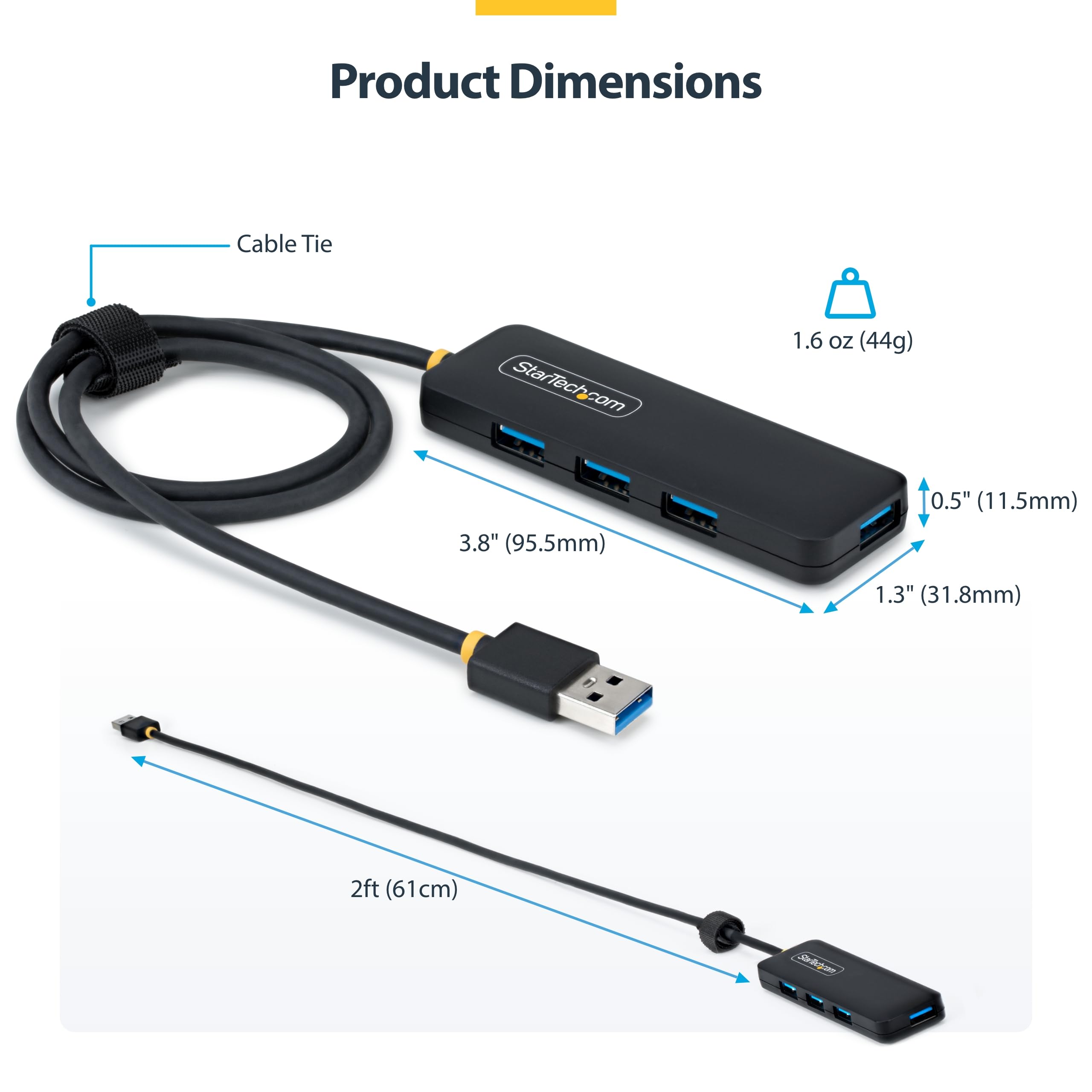 StarTech. com 4-portowy hub USB-A, zasilany magistralą, mini hub z 4 portami USB-A 5 Gb/s, do laptopa/komputera stacjonarnego; wbudowany kabel 61 cm, wykonany z tworzywa PRC