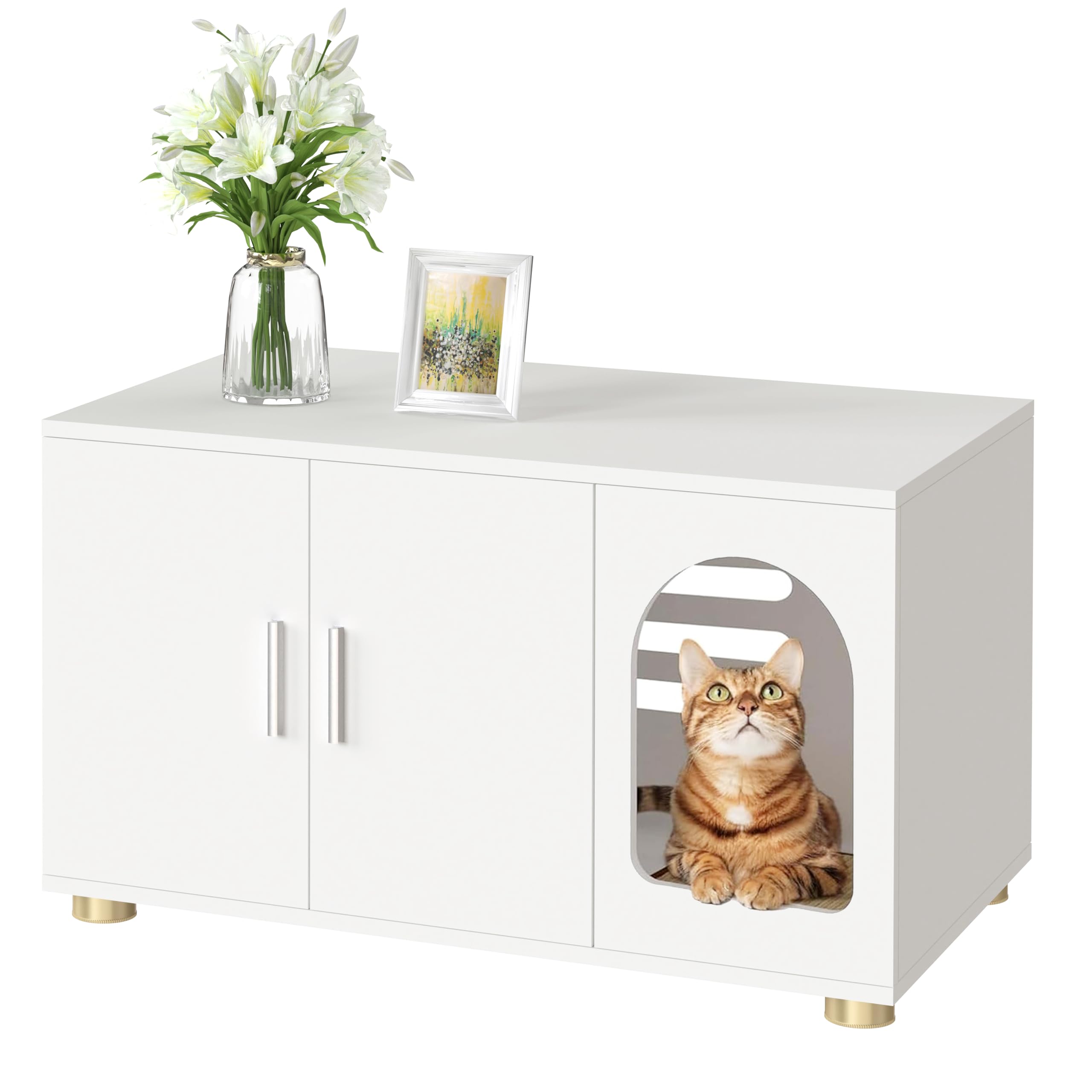 Cat Litter Box Enclosure Furniture, Modern Stackable Litter Box Cabinet with Cat Scratch Mat, Side Table (White)
