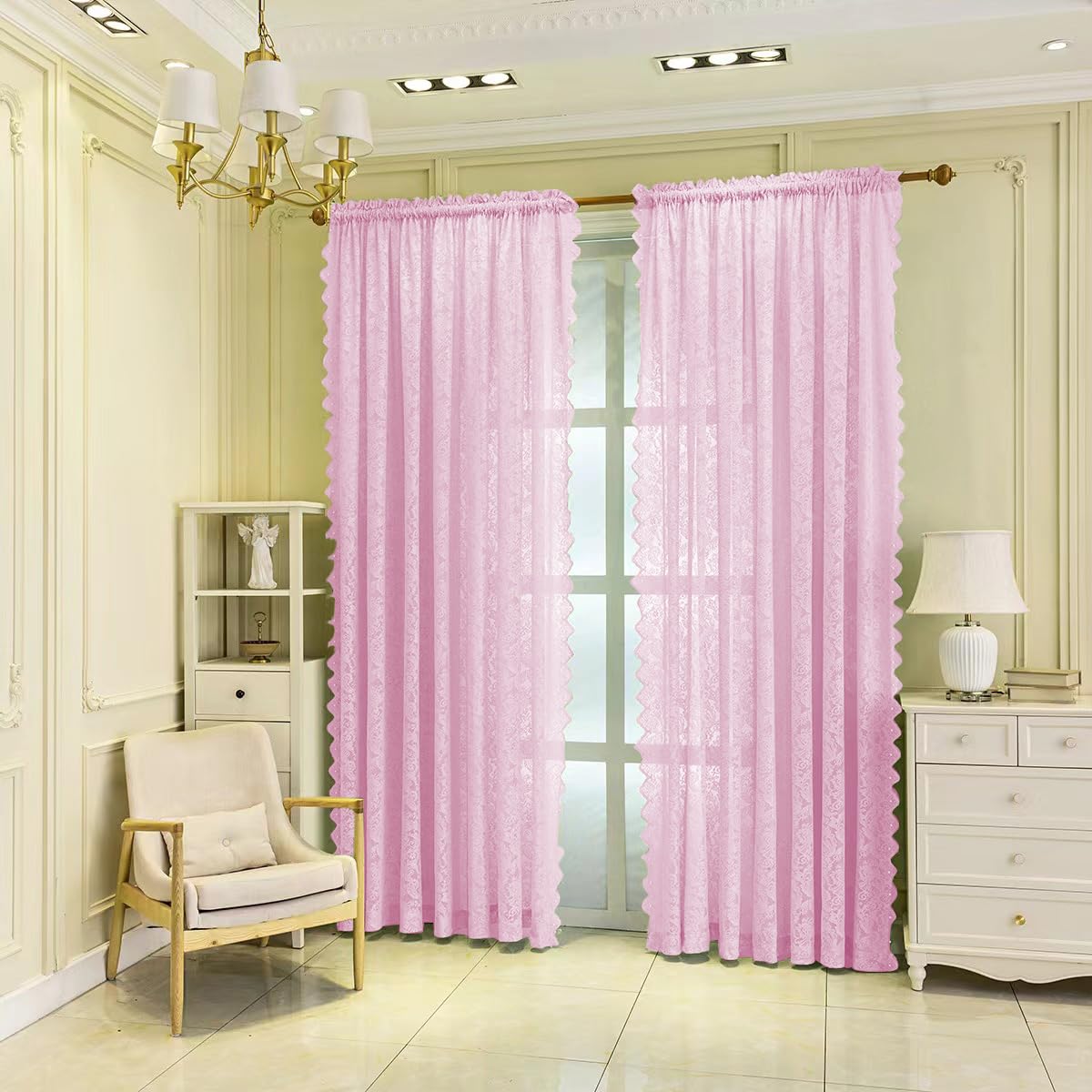 F-CHU Pink Net Curtains for Windows 72 drop Voile Curtain Sheer Lace Curtain for Living Room Decor 2 Panels 55 W x 72L Inch (140cm x 183cm) Pink Curtains - Image 3