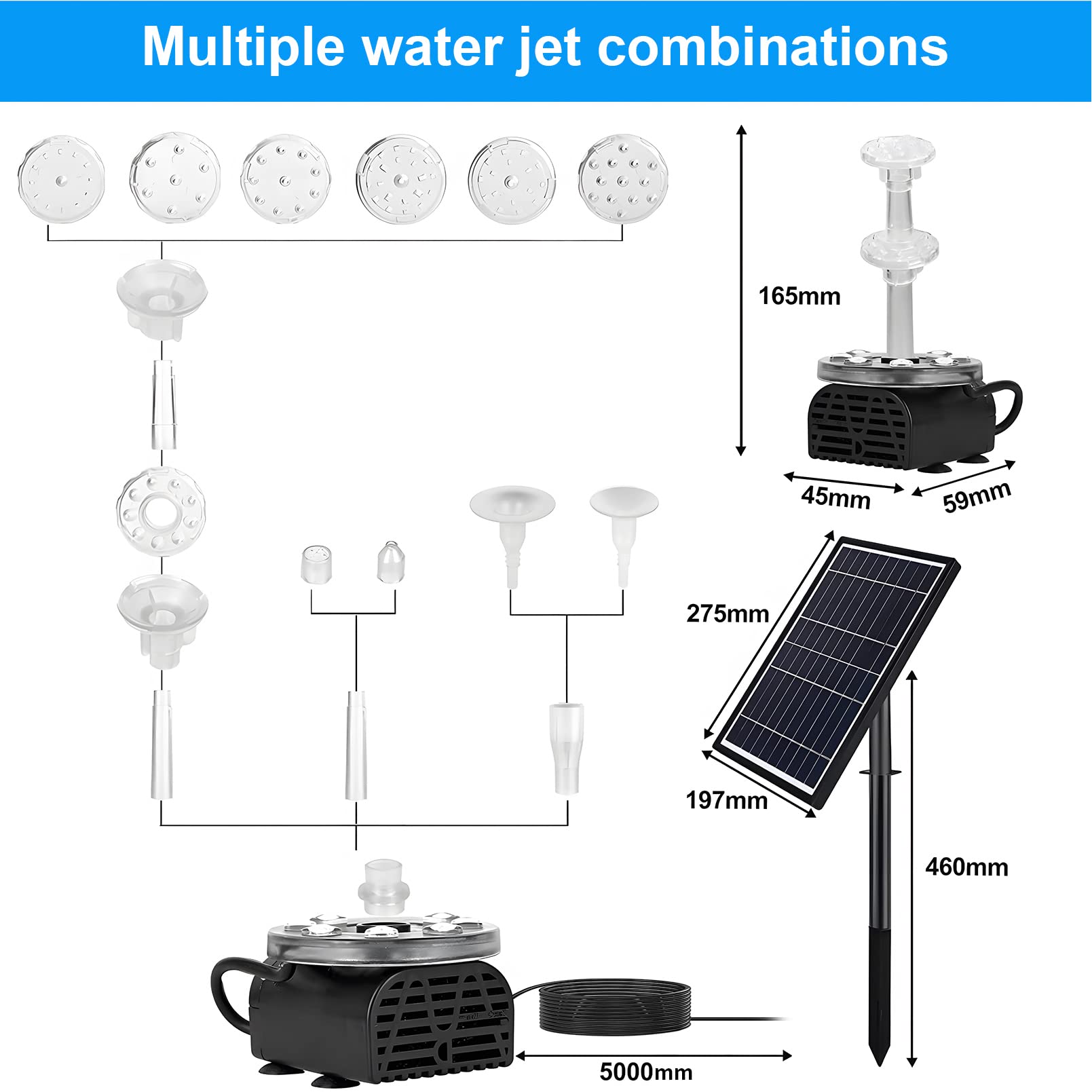 7W Solar Springbrunnen – Solar Teichpumpe Mit 3000mAh Akku, 10 Fontänen-Stile, Buntes LED-Licht, Schwimmend