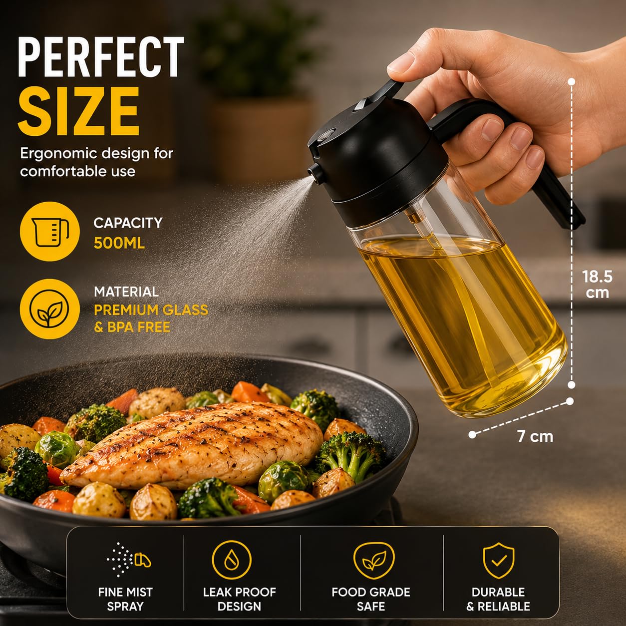 Femora Oil Dispenser | Glass Oil Bottle | 1 Year Warranty | Cooking Oil Dispenser 550ml Pack of 1 Oil Bottle, Transparent 1