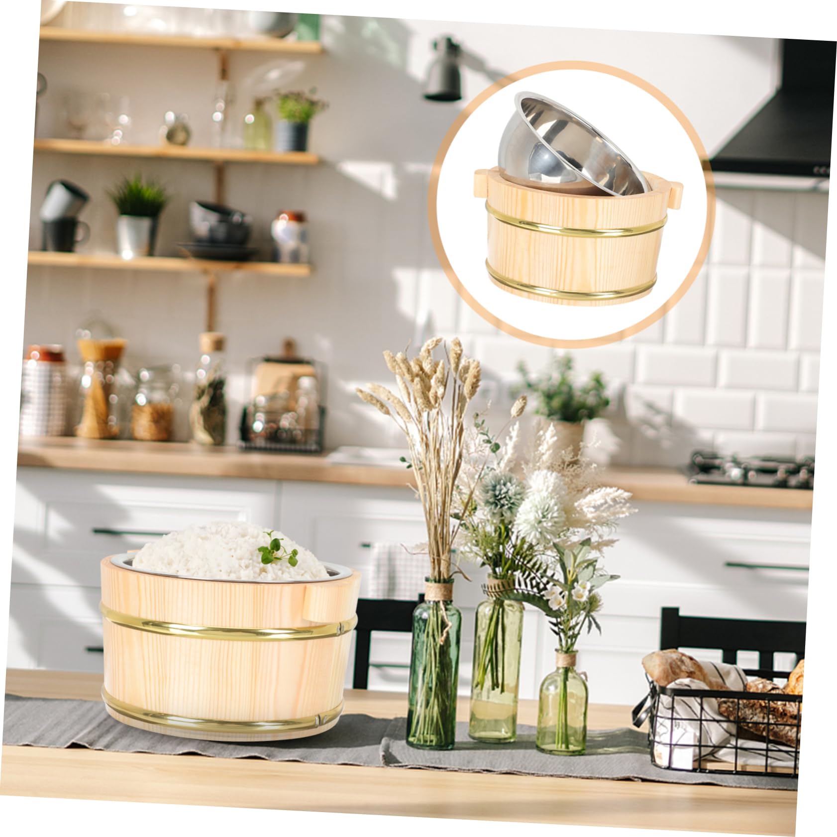 Contenitore per Alimenti in Legno Multiuso per Cucina Grande Capacità, Secchio Compatto per Riso e Sushi, Realizzato in Legno e Acciaio Inossidabile, per Uso Domestico