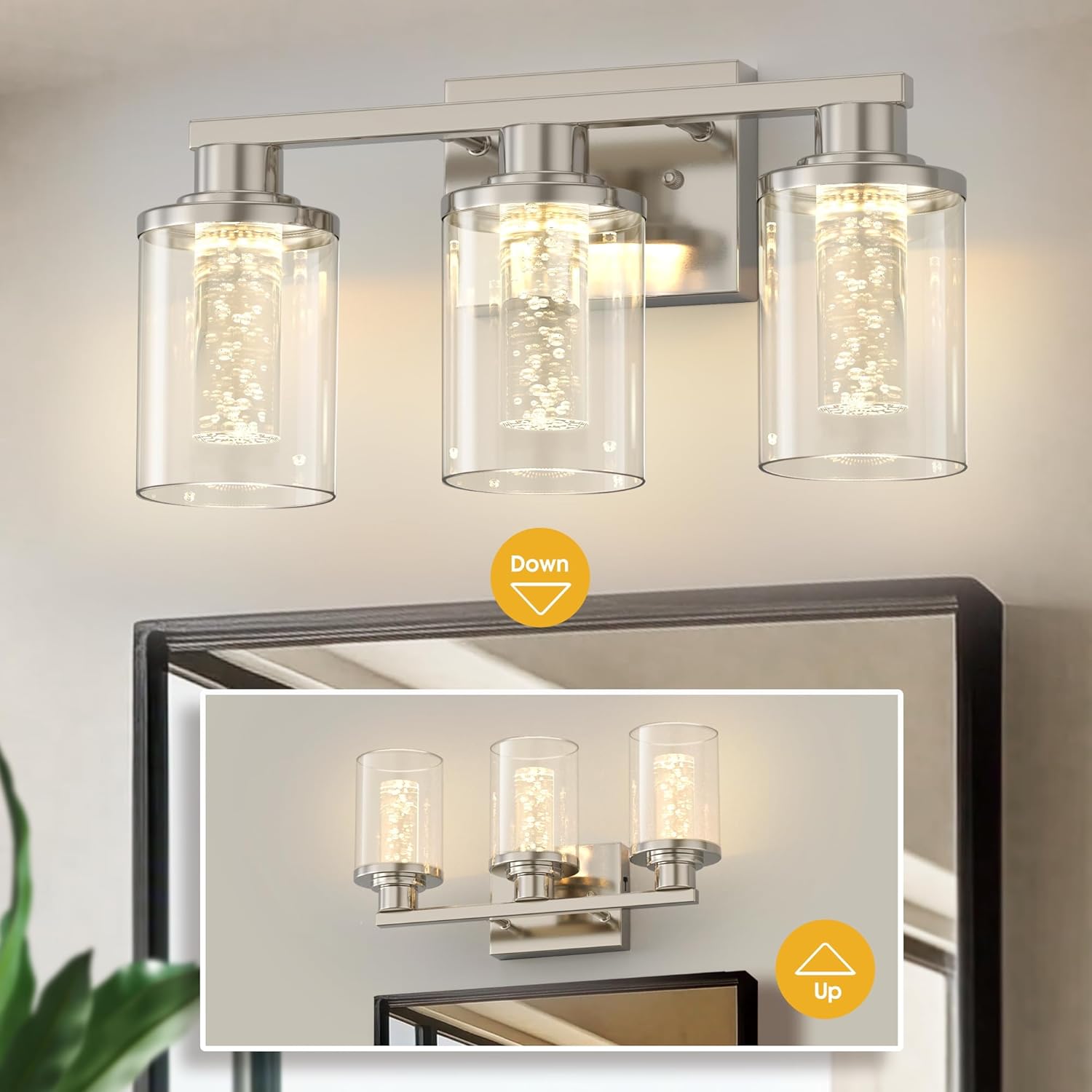 L LOHAS LED 3-Light Brushed Nickel Bathroom Light Fixtures, Crystal LED Bathroom Vanity Lights with Clear Glass Shade, 5CCT Dimmable Vanity Lights for Living Room Hallway with Remote Control
