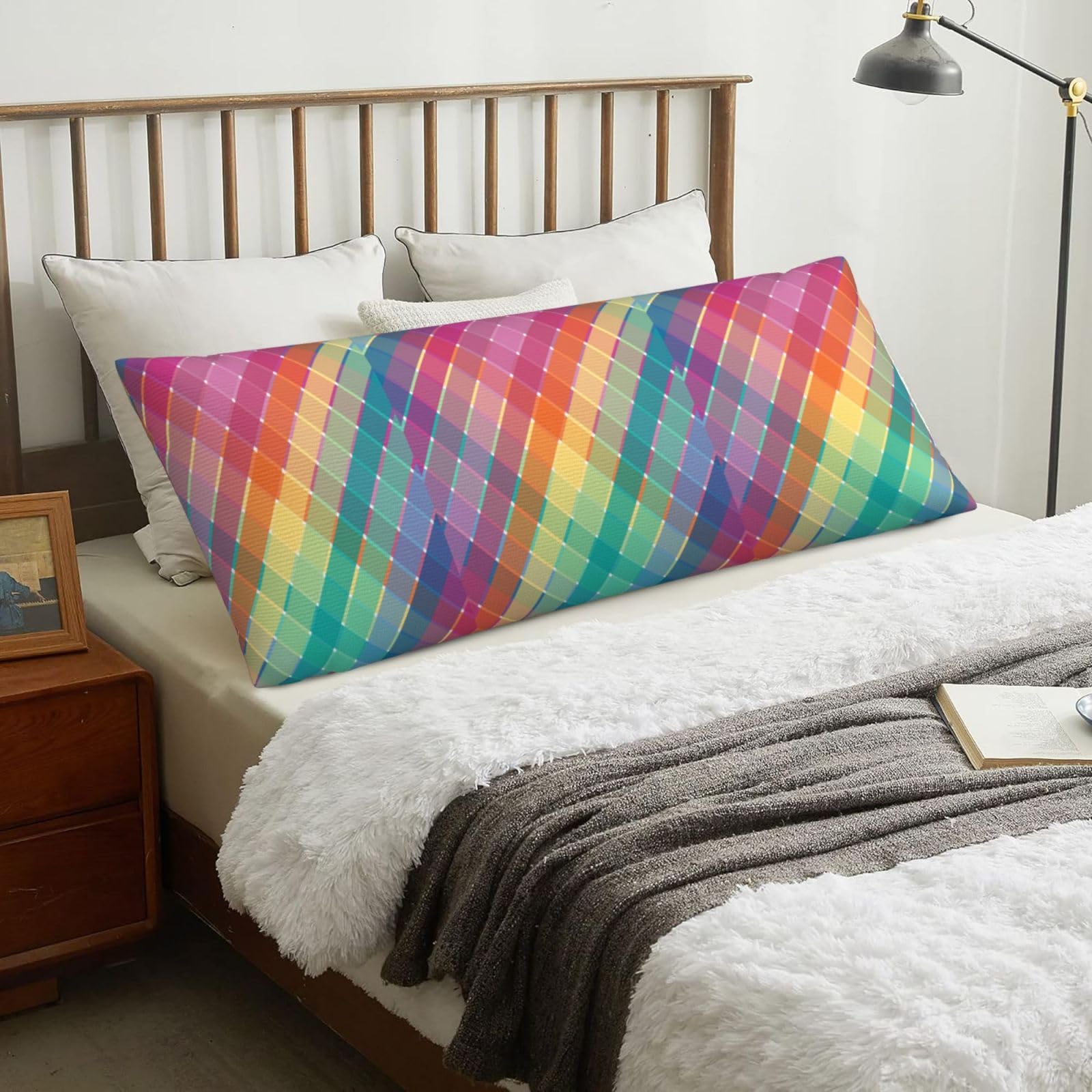 Colorful Rainbow Multicolor Plaid Stripes, Body Pillow Cover with Zipper,Long Body Pillowcase 20 x 60 in