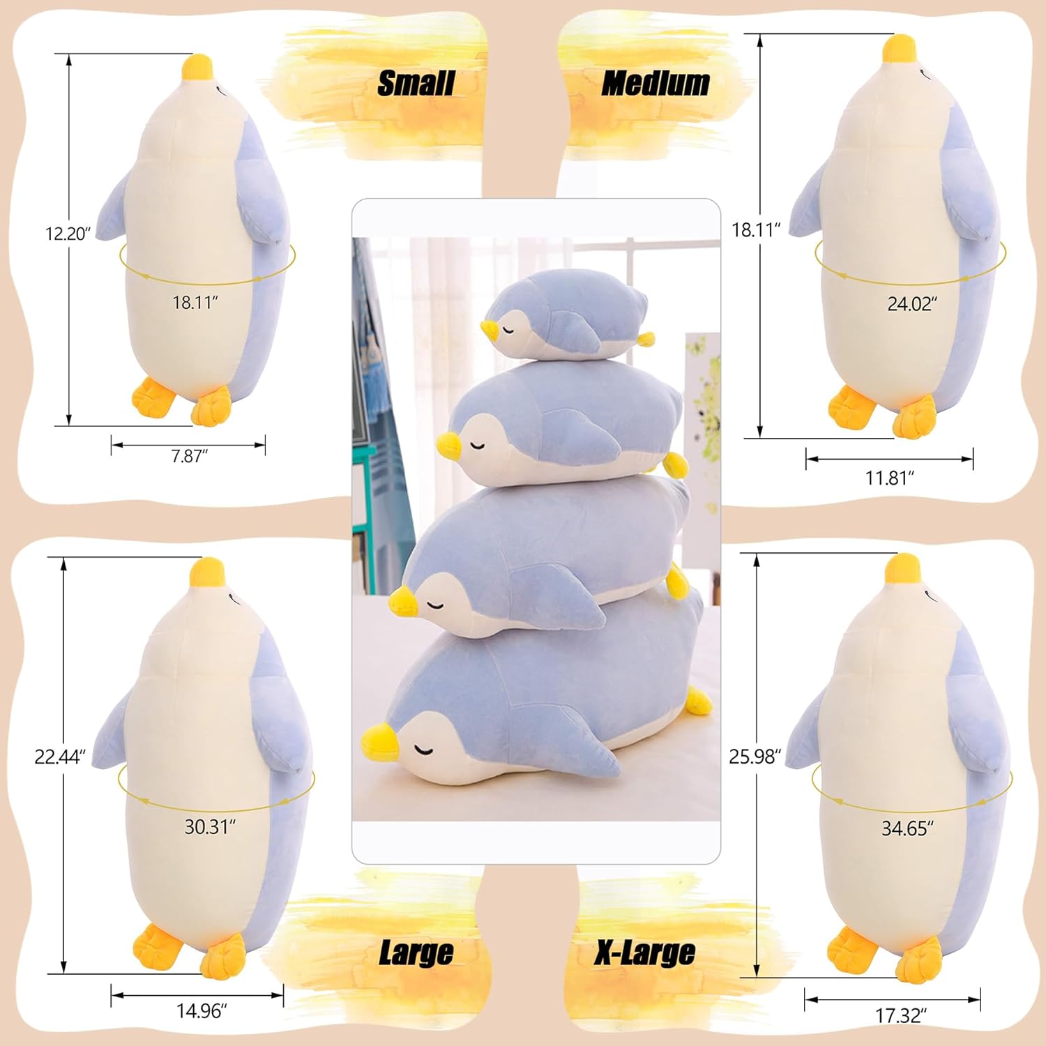 DENTRUN Penguin Stuffed Animals Bulk, Cute Penguin Plush Doll Play Toys for Kids Girls Boys Adults Birthday Xmas Halloween Present Adorable Soft Plushies, 12.20/18.11/22.44/25.98 Inchs, Blue, Black - Image 4