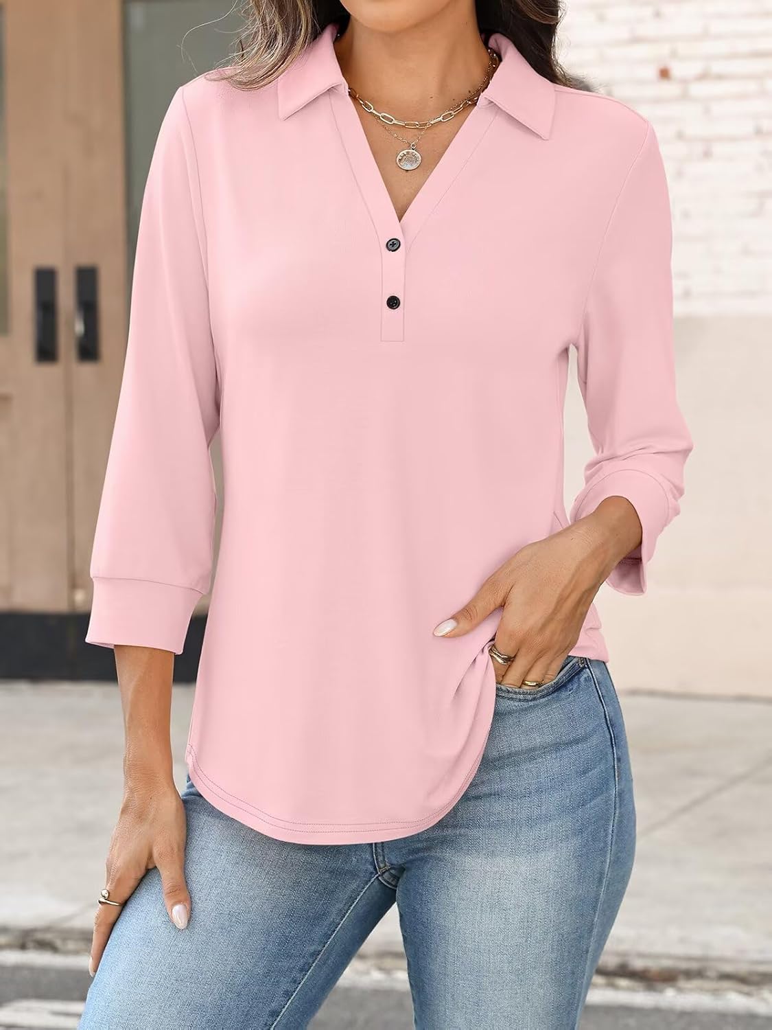 Women's V Neck Polo Shirts 3/4 Length Sleeve Tops Collared Business Casual Summer Blouses - Image 2