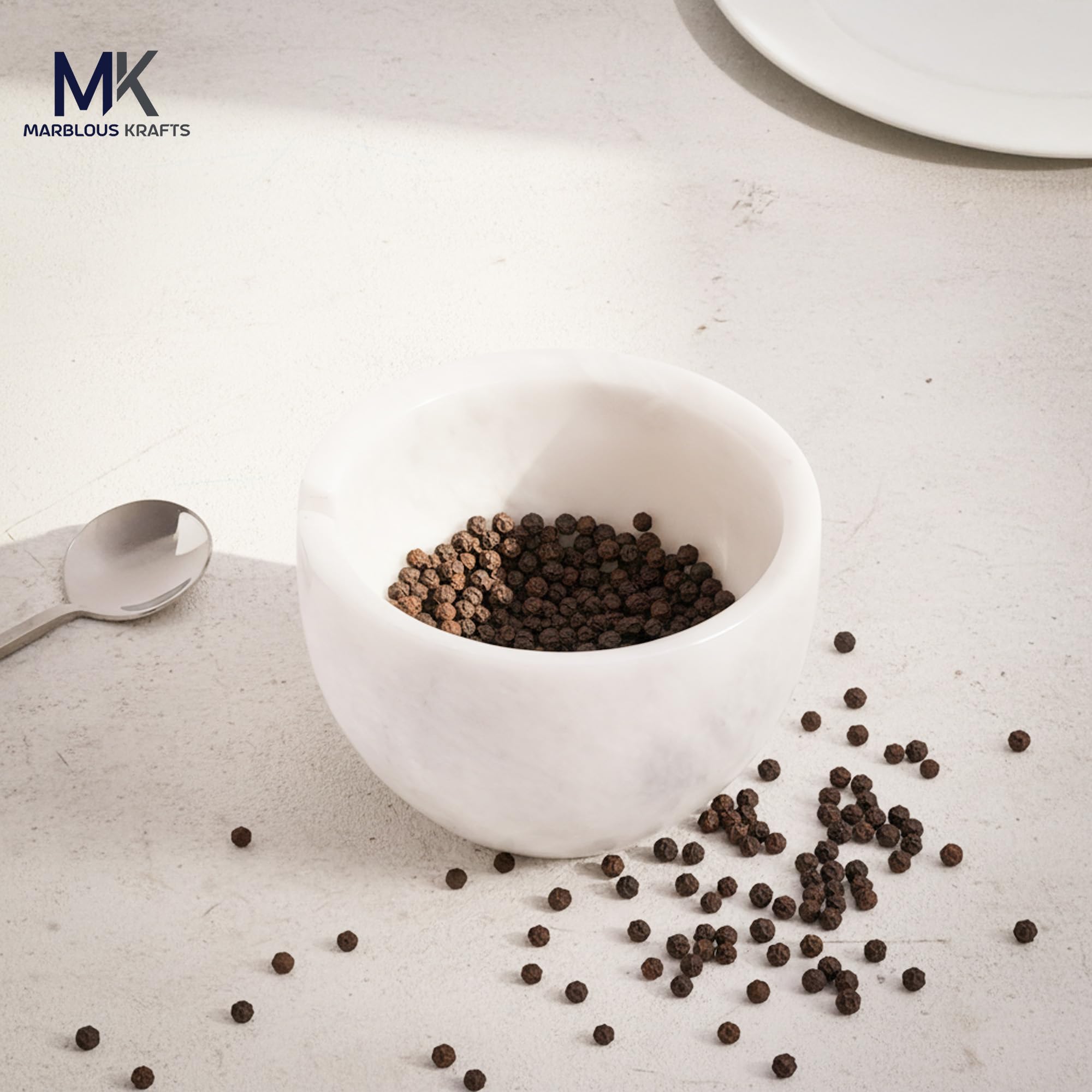 MARBLOUS KRAFTS, portasale in marmo con coperchio e cucchiaio, 3 x 4 pollici, barattolo bianco per condimenti da cucina, 133,2 g, ideale per spezie, zucchero e conservazione del sale