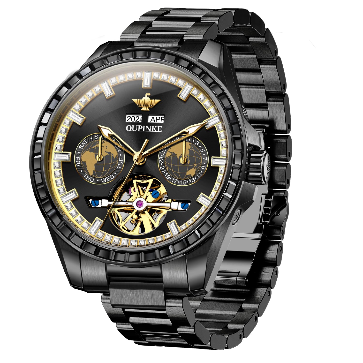 OUPINKE Watch for Men Automatic Wristwatch 3D Dial with 5ATM Waterproof Luminous Calendar Skeleton Watches-Sapphire Crystal Tungsten Steel Strap