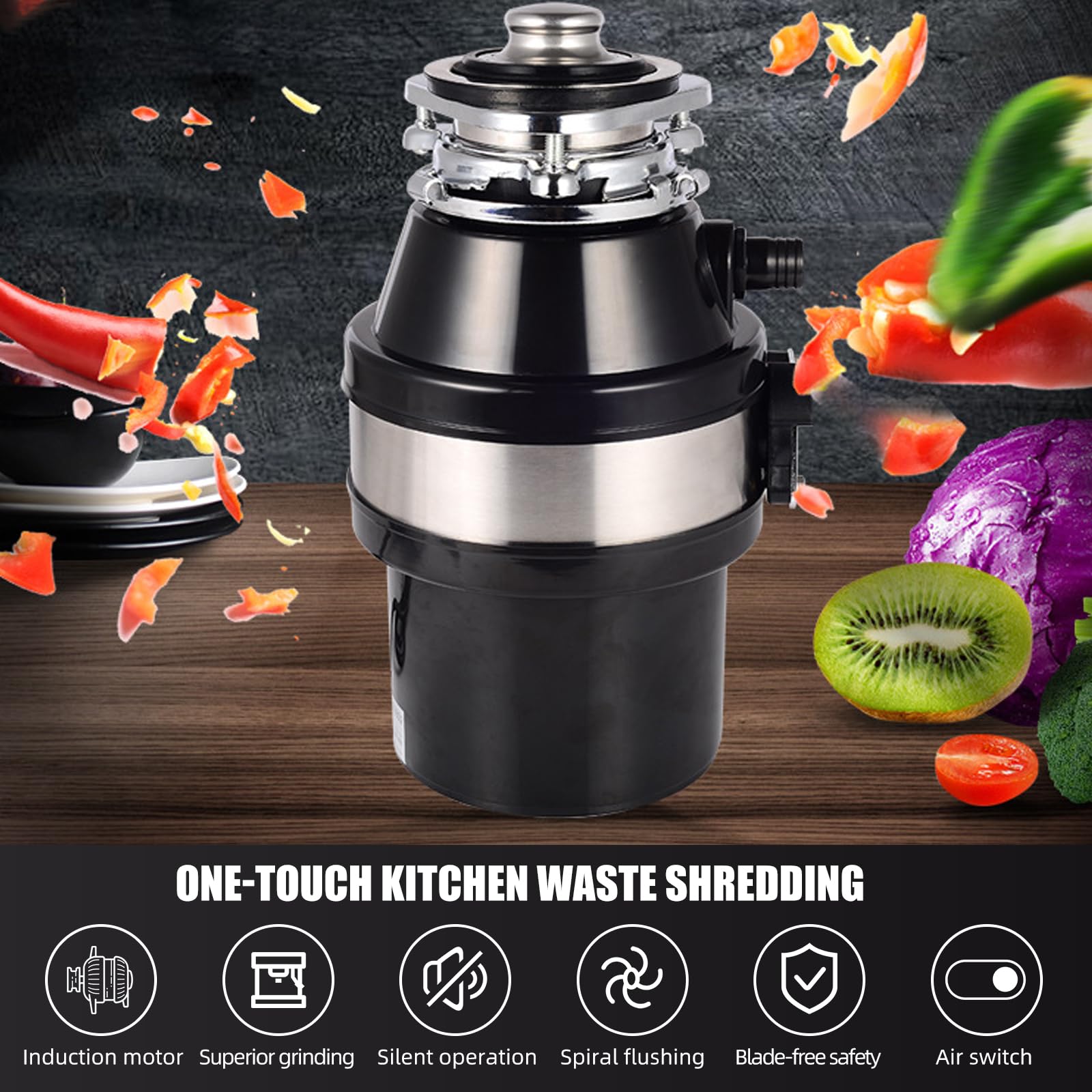 Triturador de basura, triturador de residuos de alimentos de acero inoxidable, bloqueo de esmalte, eliminación de basura con cable de alimentación, sistema de molienda de residuos de alimentos,