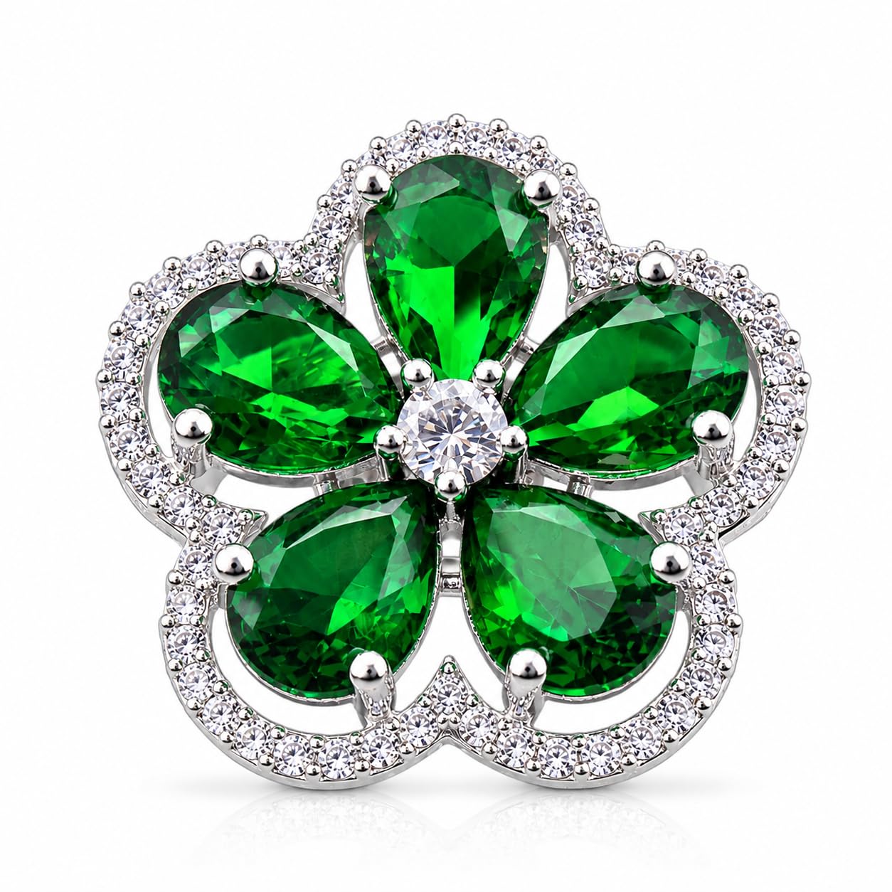 Emerald Green Flower Brooch, Silver-Tone Cubic Zirconia, Pear Cut Crystal Floral Pin-image-39