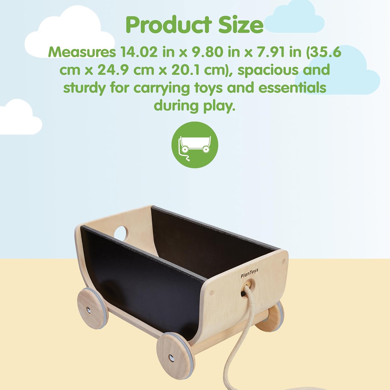 PlanToys® Wooden Wagon in Black | Montessori Outdoor Pull Toy for Balance, Strength and Movement Play | Eco Friendly Wagon for Creative Indoor and Outdoor Adventures