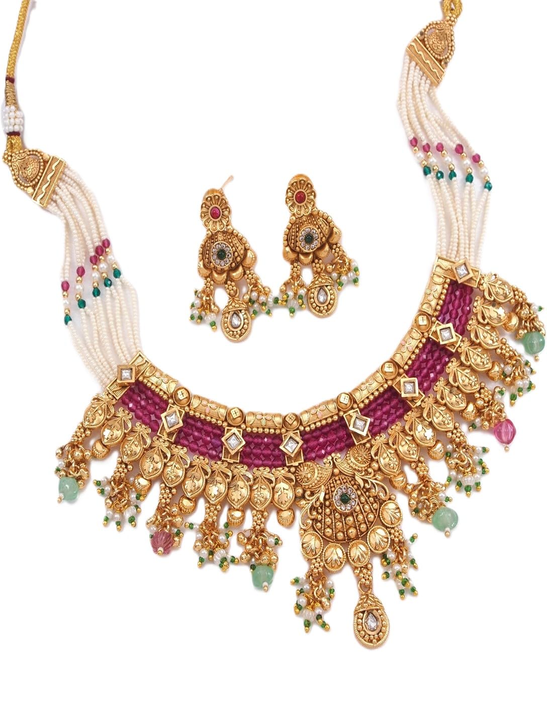 Traditional Gold-Plated Kundan & Pearl Beaded Choker Necklace Set with Ruby Red Accents-image-24