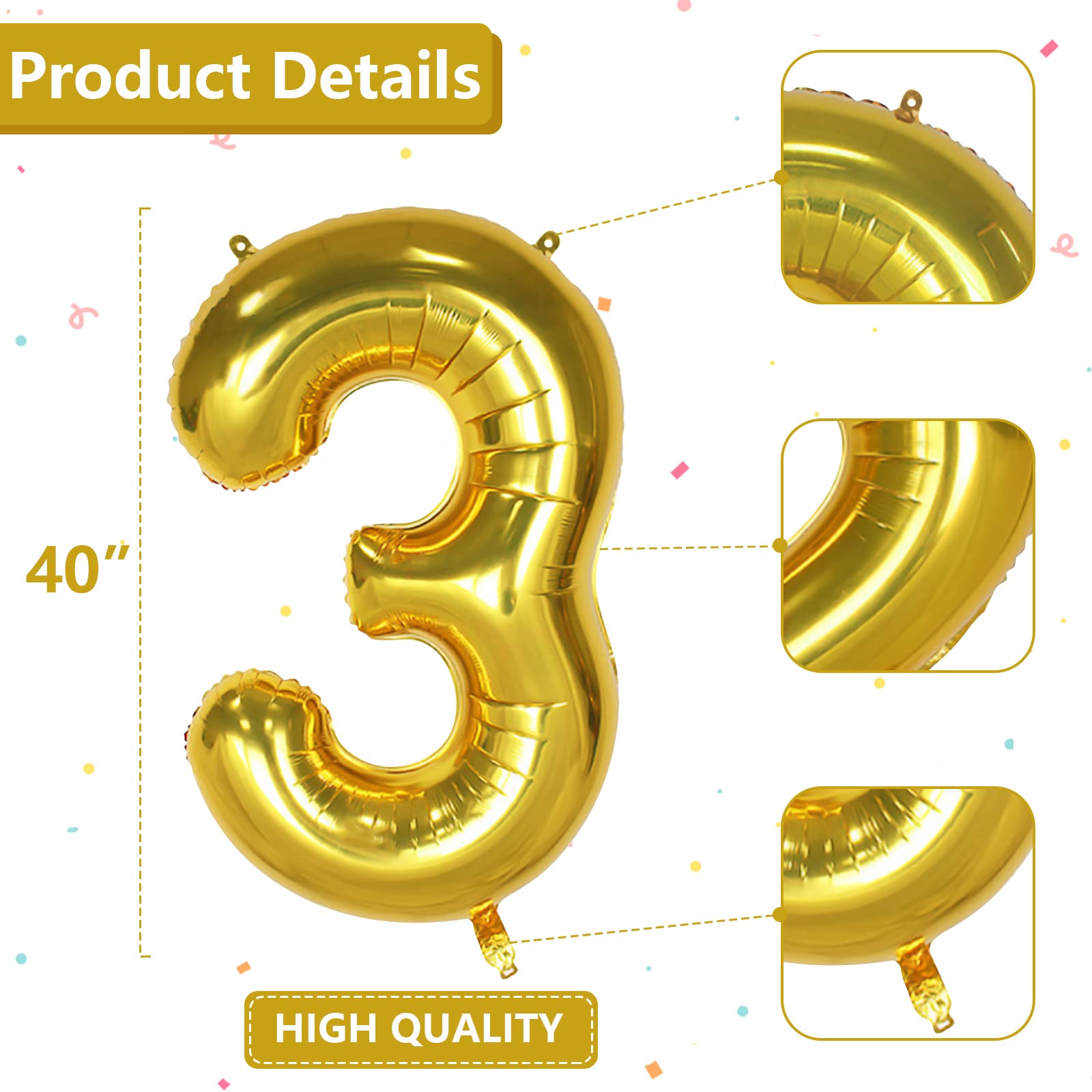 Palloncini Compleanno 3 Anni Oro Palloncino XXL Di 100 Cm Foil Gigante Numero 3 Numeri Gonfiabili Bambino Ragazzo Compleanno Anniversario Decorazione Feste (Oro)