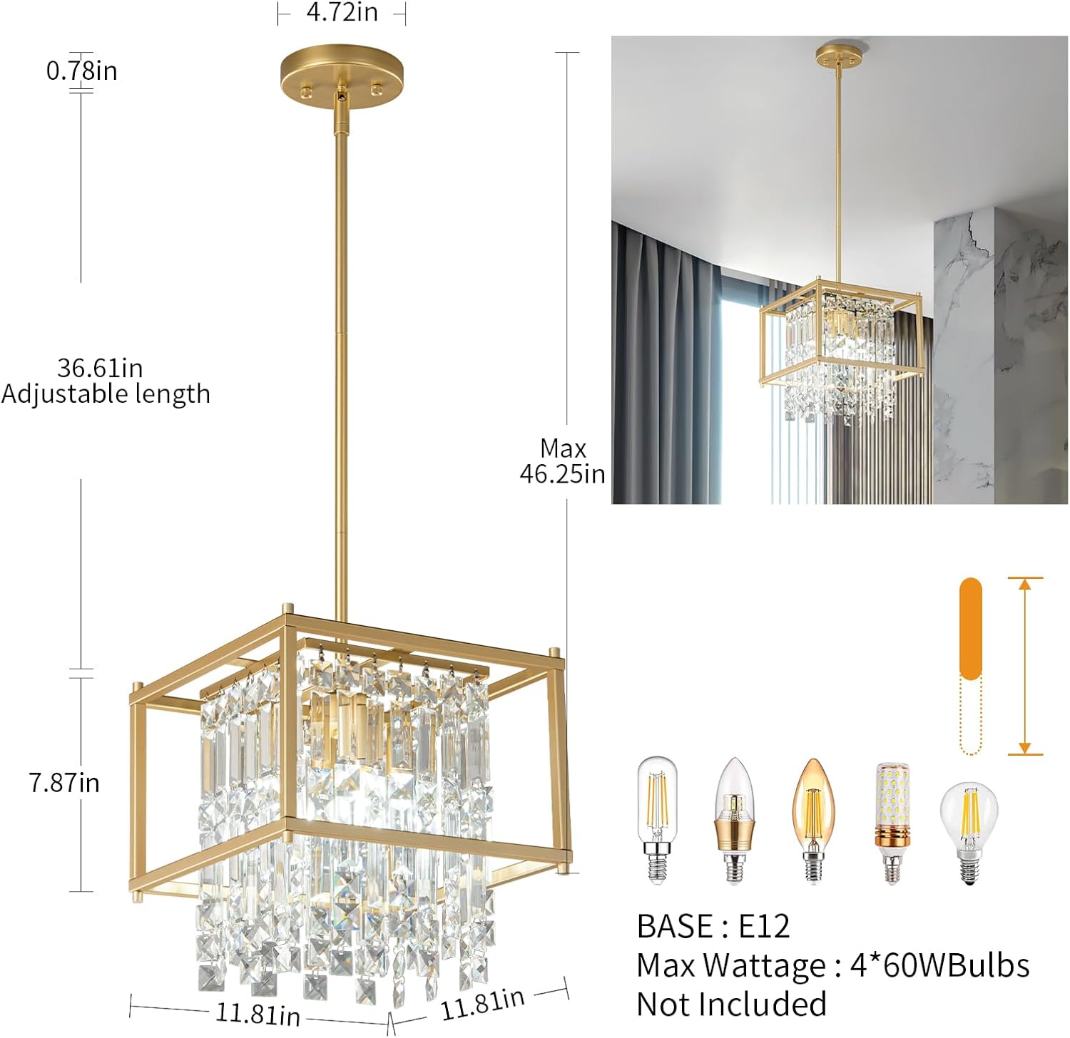 LMQNINE Modern Foyer Chandelier, Black Crystal Chandelier Entryway Light Fixture, Square Adjustable Height Chandeliers for Kitchen Island, L11.81'' x H7.87''