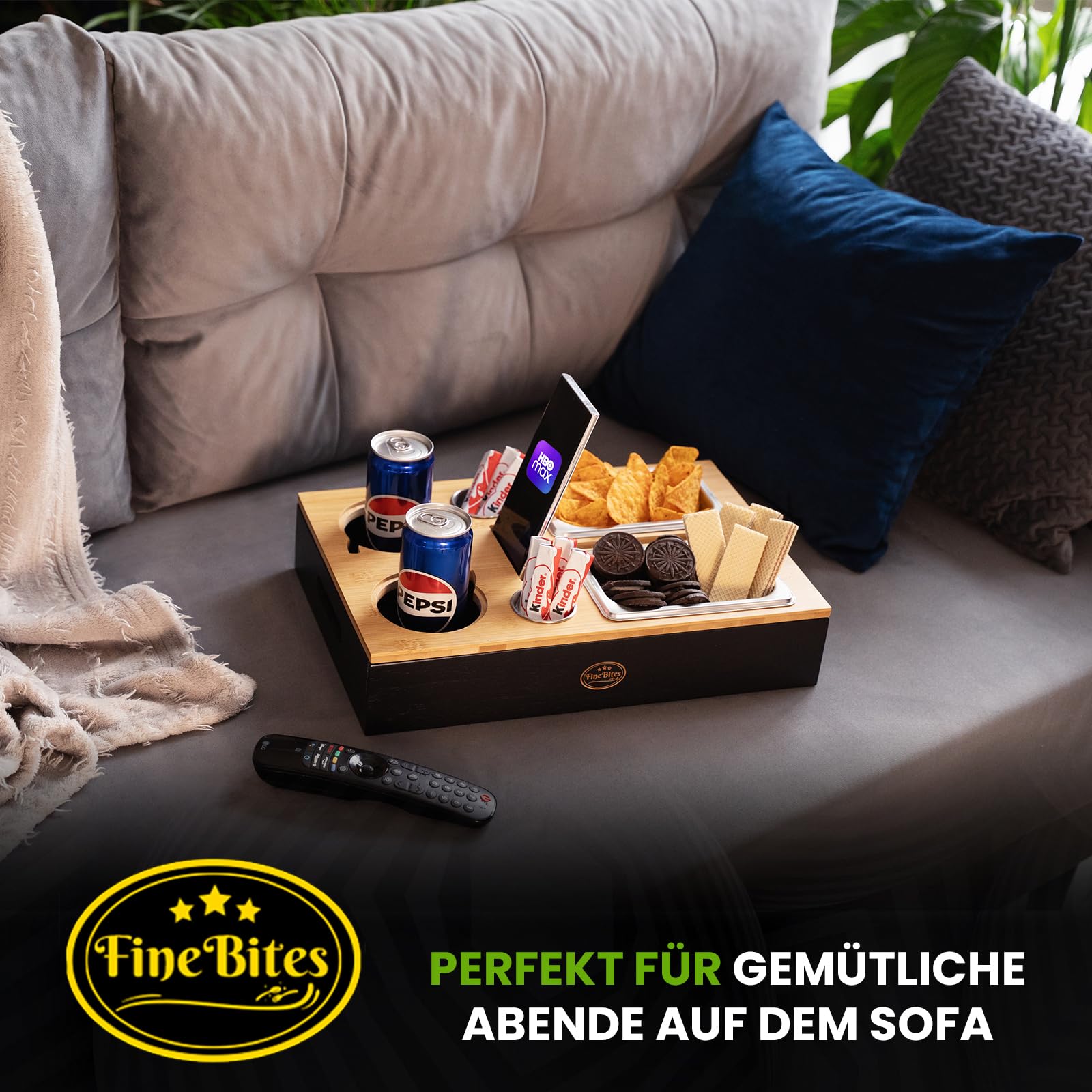 Couchbar Snackbox für 2 aus Bambus – Snackbar Sofatablett mit Getränkehalter & 2 Snackschalen – Couch butler mit magnetischem Deckel, Couch bar Organizer Tablett, Geschenk für Männer & Frauen