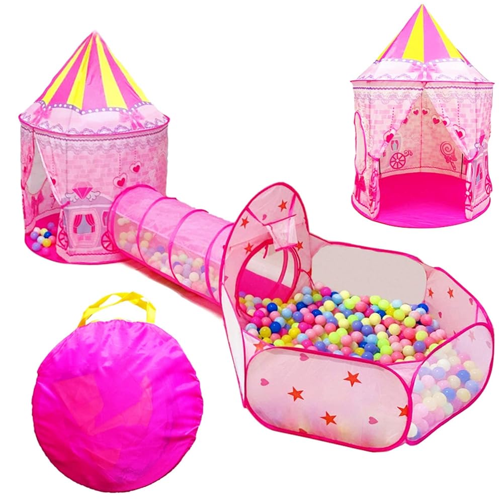 LOJETON 3pc Princess Fairy Tale Kids Play Tent, Oval Crawl Tunnel, Ball Pit for Toddlers, Indoor Outdoor Playhouse Castle Toys, Baby Boys Girls for 3 4 5 6 7 Years Old (Balls Not Included)