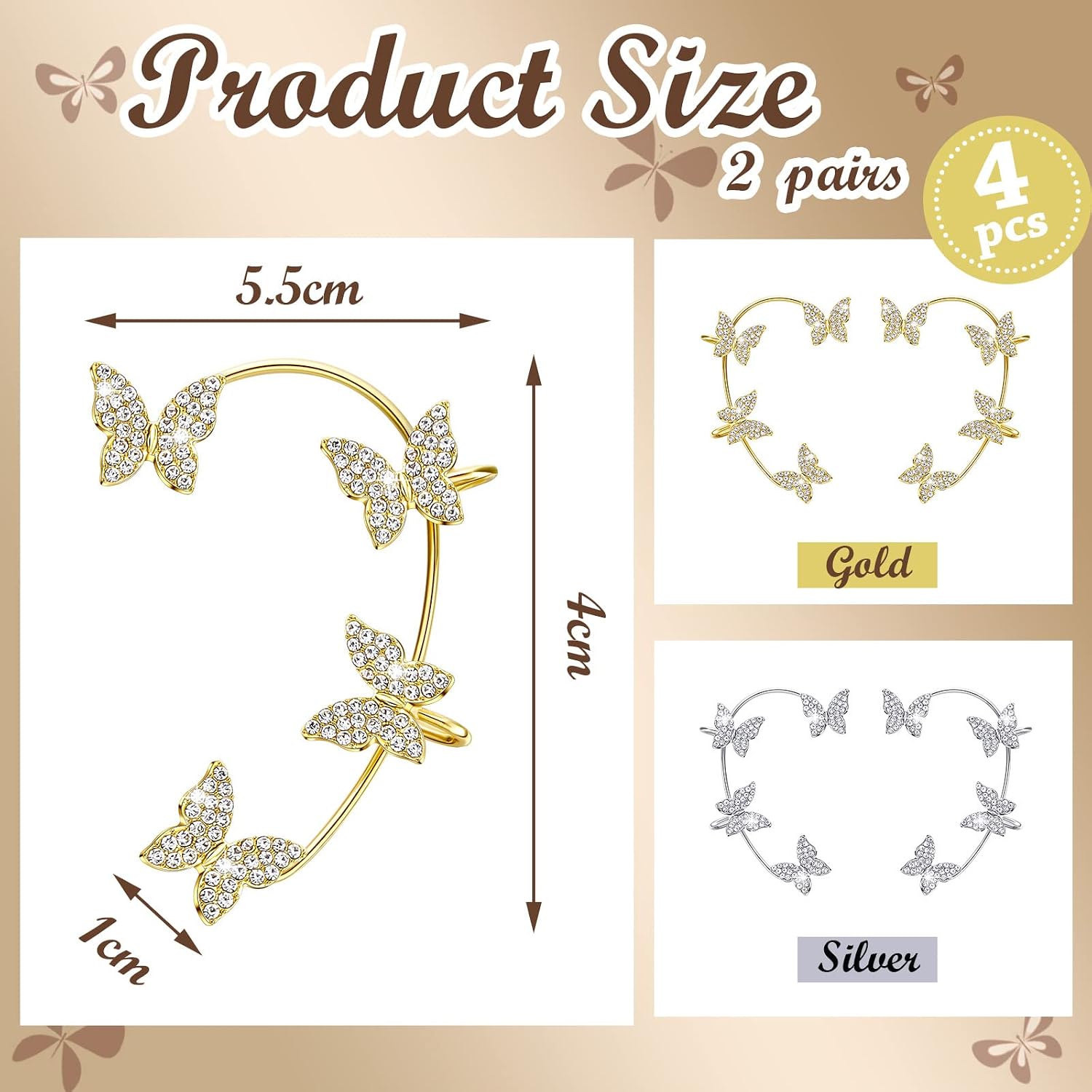 Bonuci 4 Pcs Butterfly Ear Cuff Earrings Glitter Rhinestone for Women Wrap Crawler No Piercing Butterfly Clip Wrap Around Fake Earrings (Gold, Silver, regular Style)