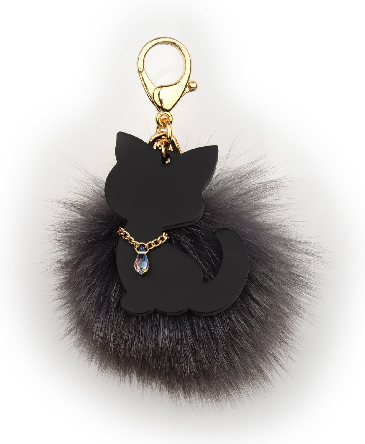 Richbud Fox Fur Ball Austrian Crystal Gold Keychain Pom Pom Keyring Handbag Purse Charm (Gray)